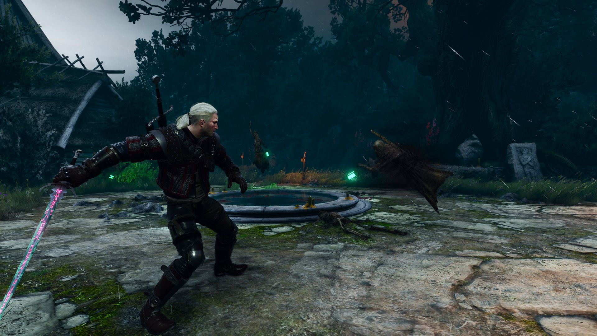 Geralt brandishes his sword as three wraiths close in on him in an abandoned church.