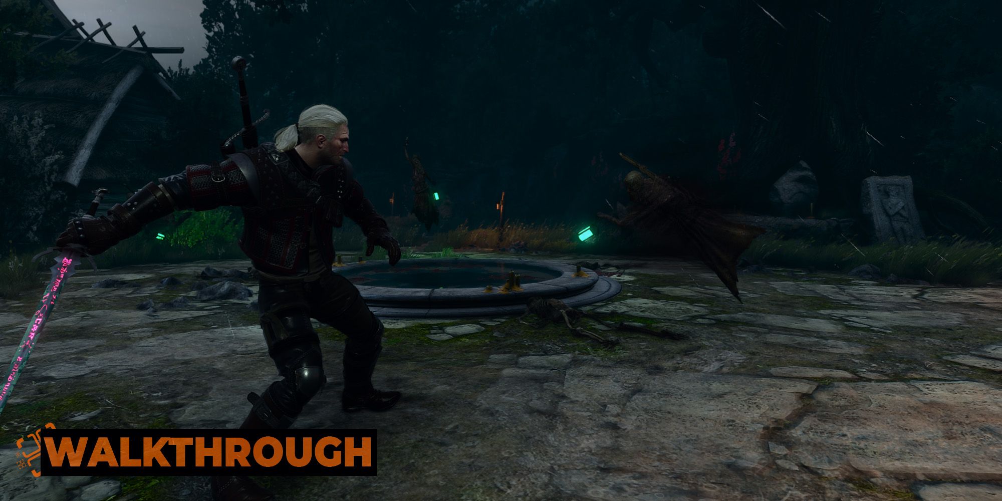 Geralt brandishes his sword as three wraiths close in on him in an abandoned church.