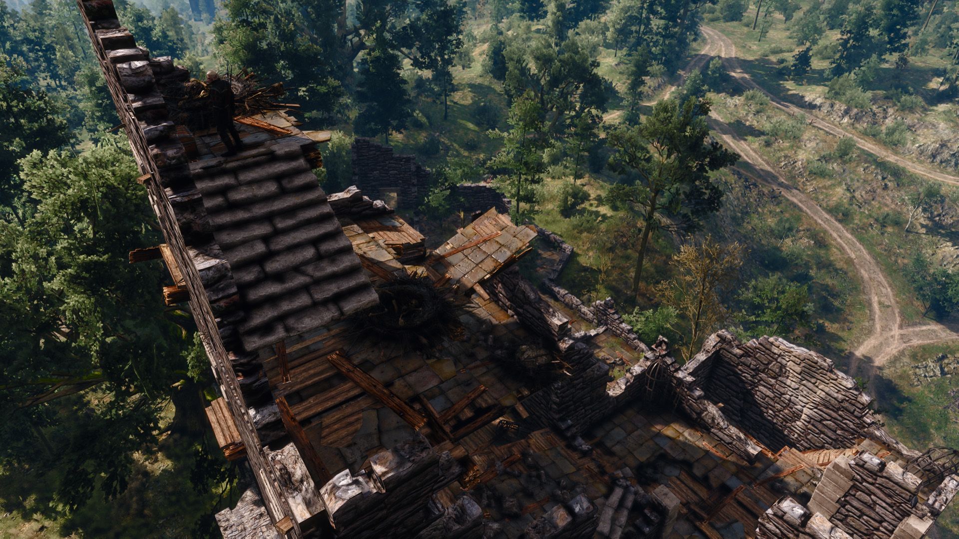 Geralt stands atop a ruined tower overlooking the roads of Velen.