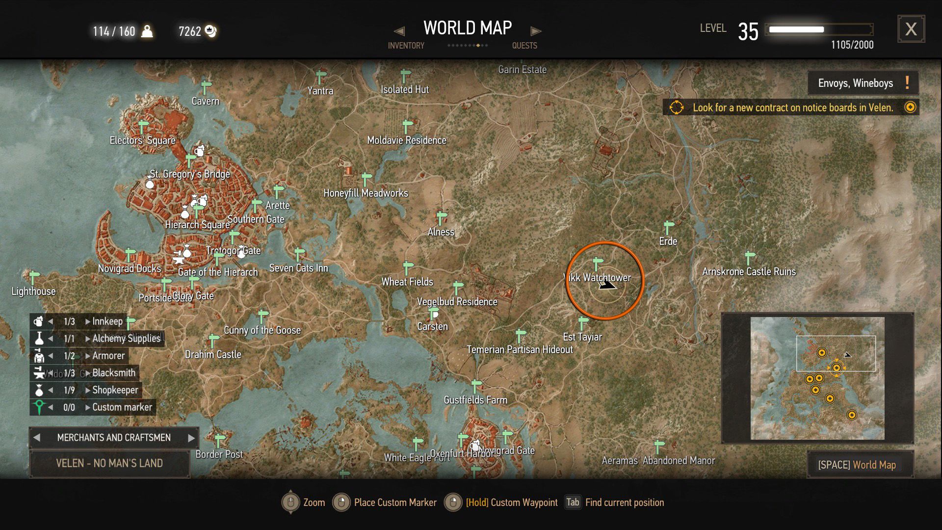 The Witcher 3 map with an orange circle above the quest location.