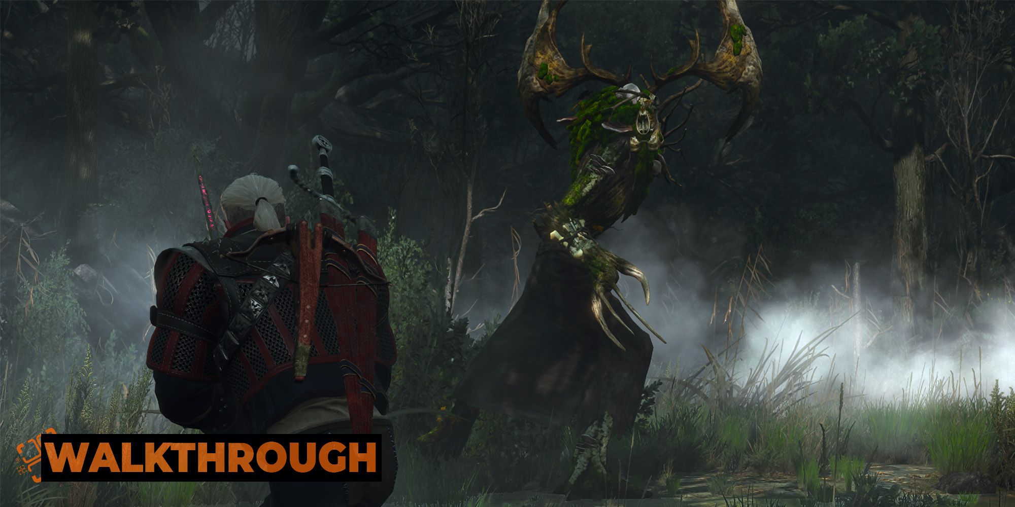 Geralt circles a leshen in a forest in The Witcher 3.