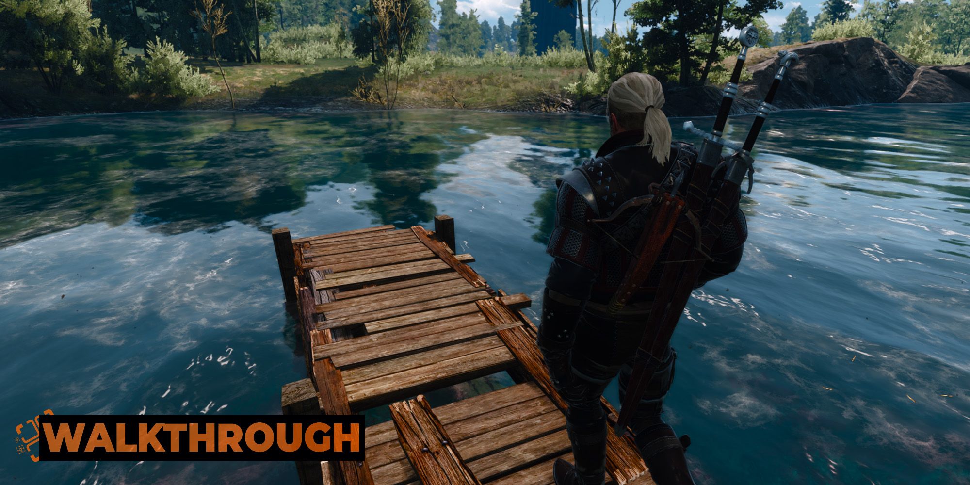 Geralt walks down a rickety pier by a body of water during the day in the countryside.