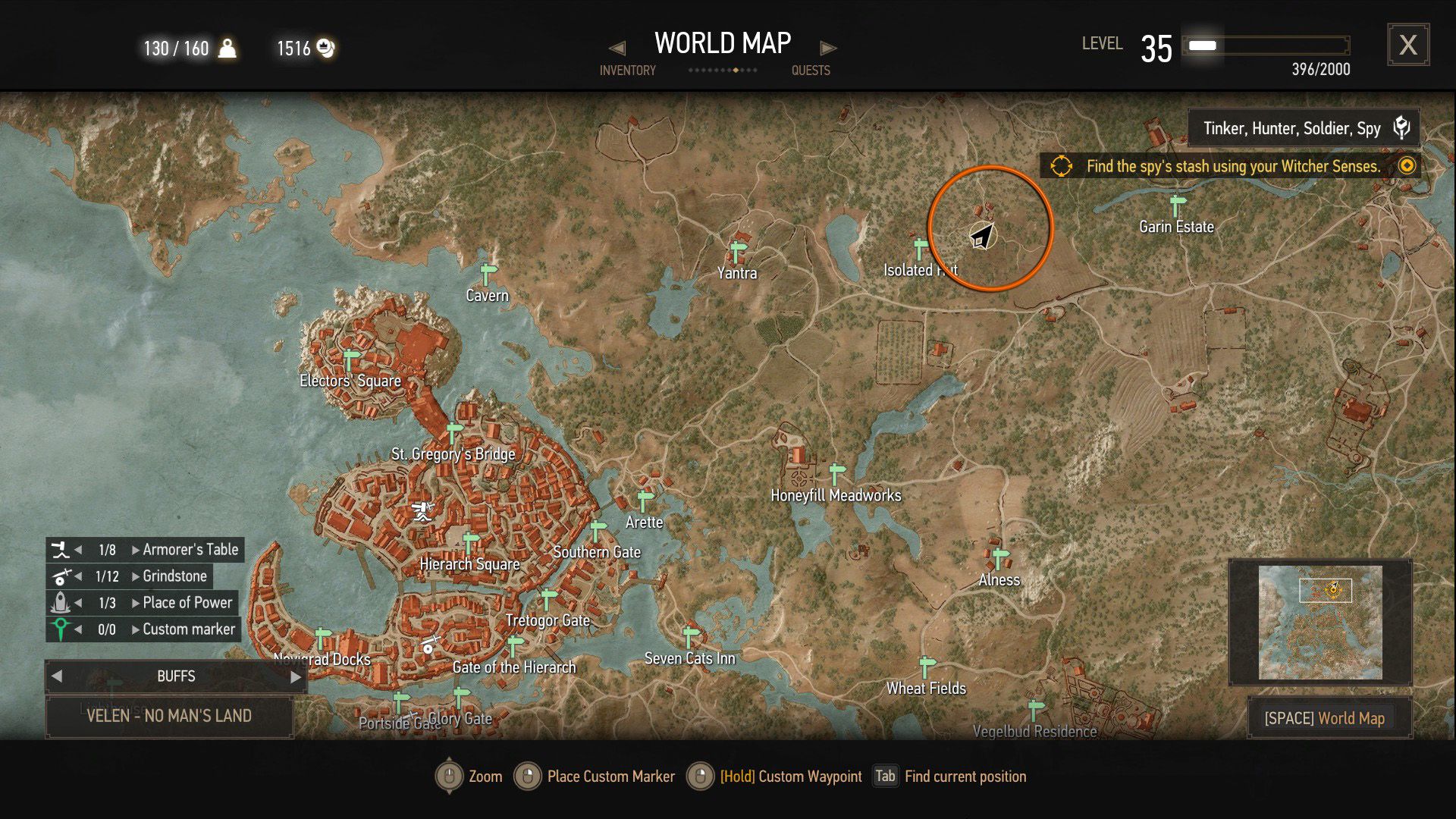 A screenshot of The Witcher 3's map, with an orange circle over a quest objective.