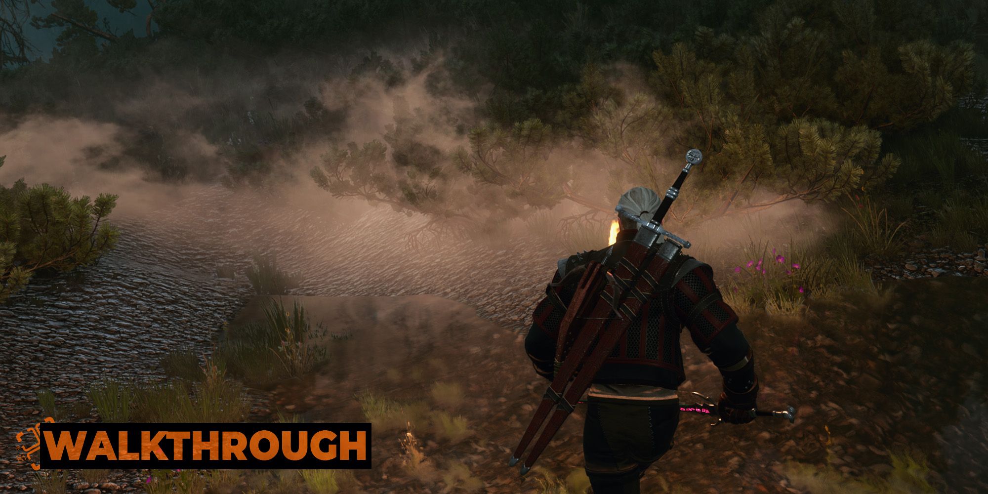 Geralt prowls into a cloud of fog by a road at night, lighting the area with his torch.