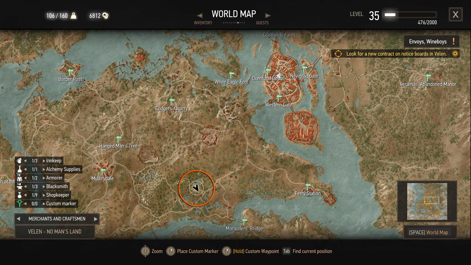 A map of The Witcher 3&rsquo;s map of Velen with an orange circle over a quest location.
