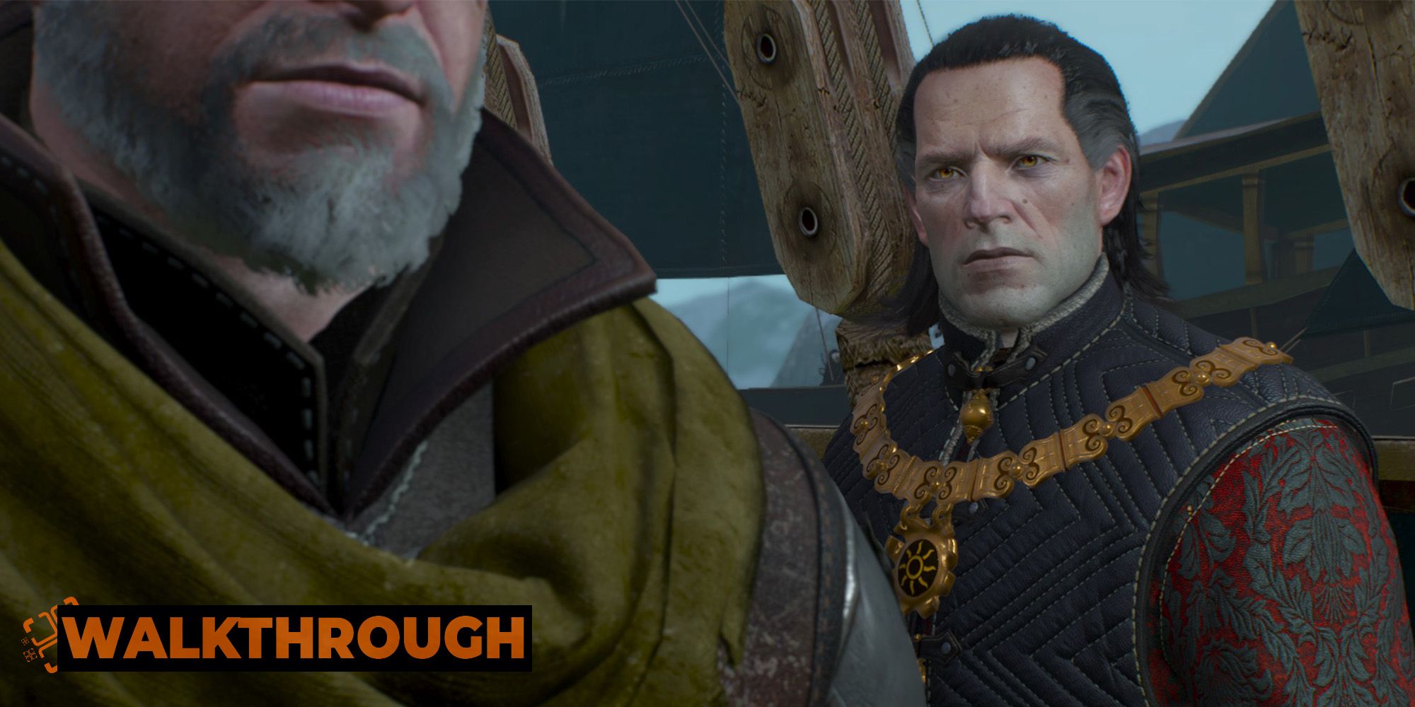 Emhyr glares at Geralt as they speak on the deck of a Nilfgaardian ship.