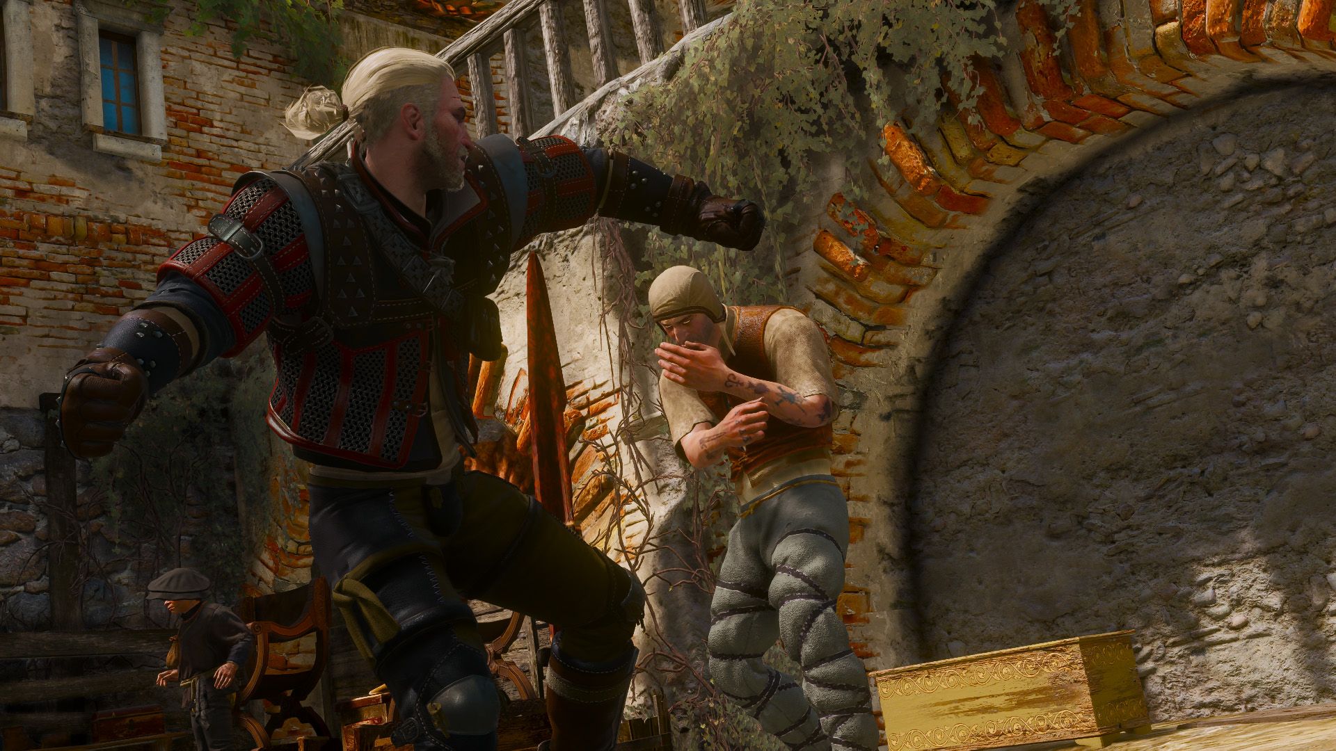 Geralt brings his hand back as he prepares to punch the man in the face.