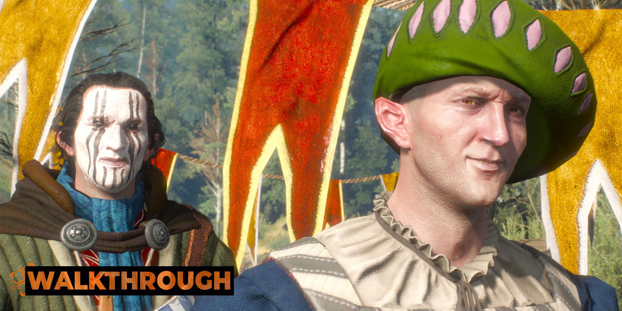 Two elven men smile on a sunny day at a carnival outside Novigrad.