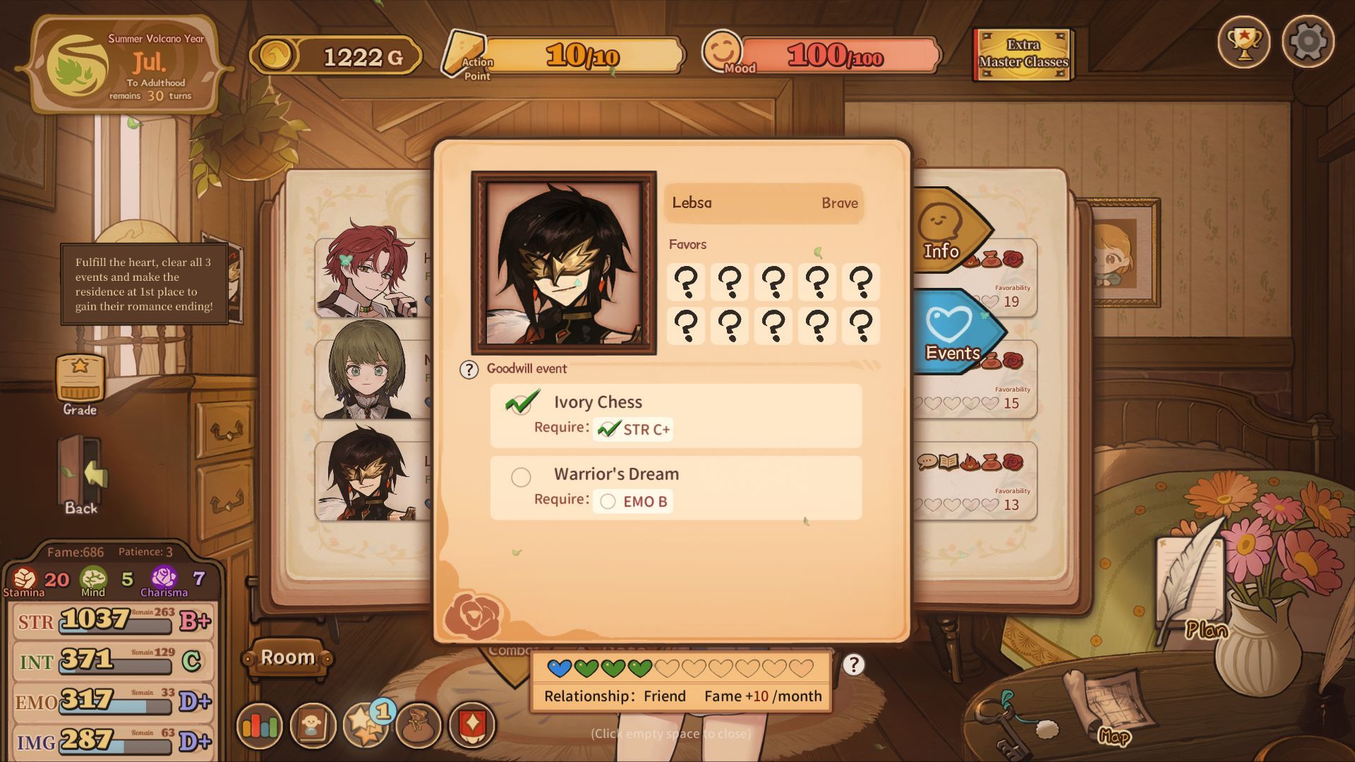 The journal displays the stat requirements for developing friendships with each character.