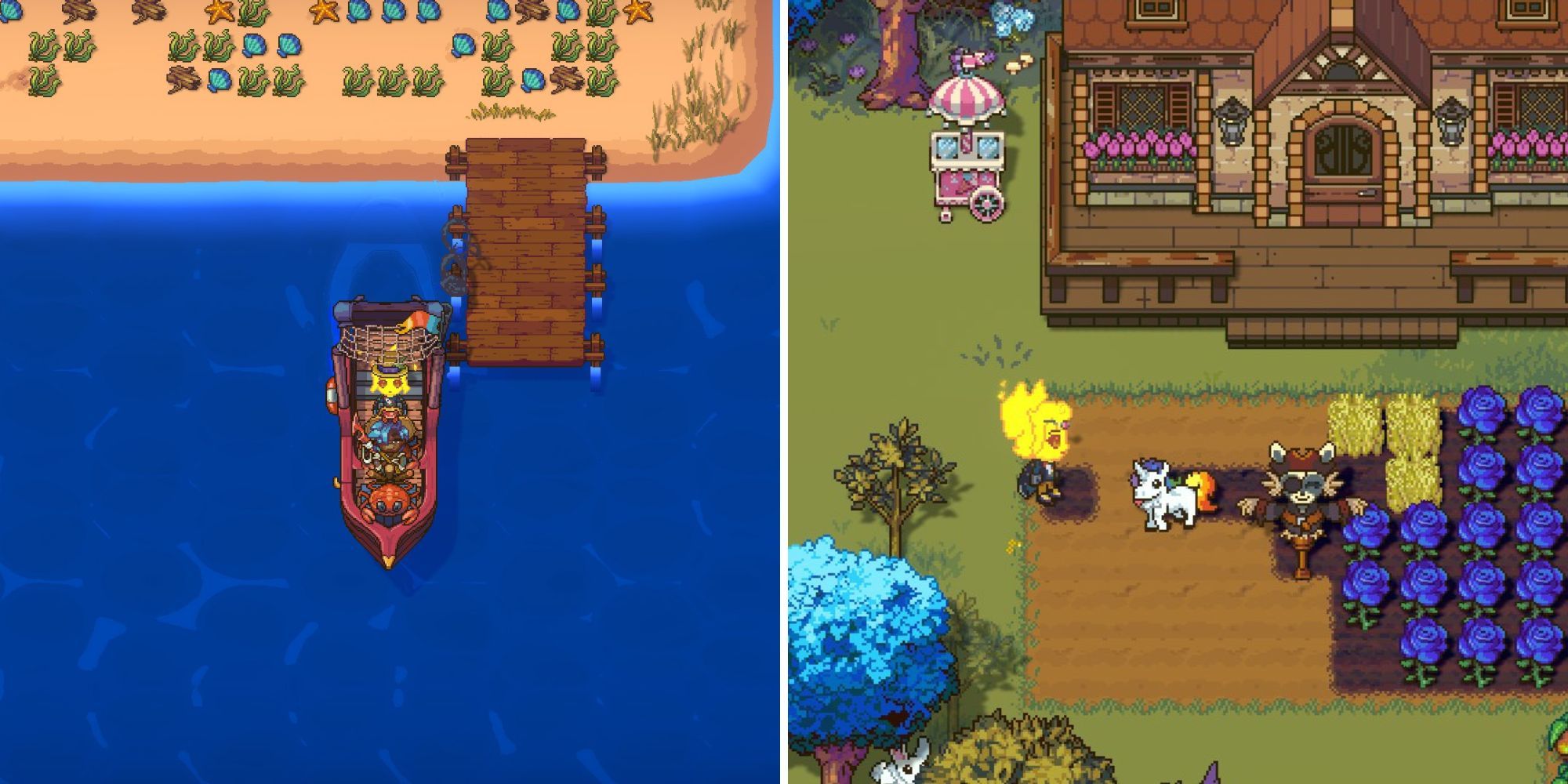 Elemental player and Peter stand in Peter's boat by the southern pier; Elemental player and pet unicorn stand on tilled land outside of the player's home