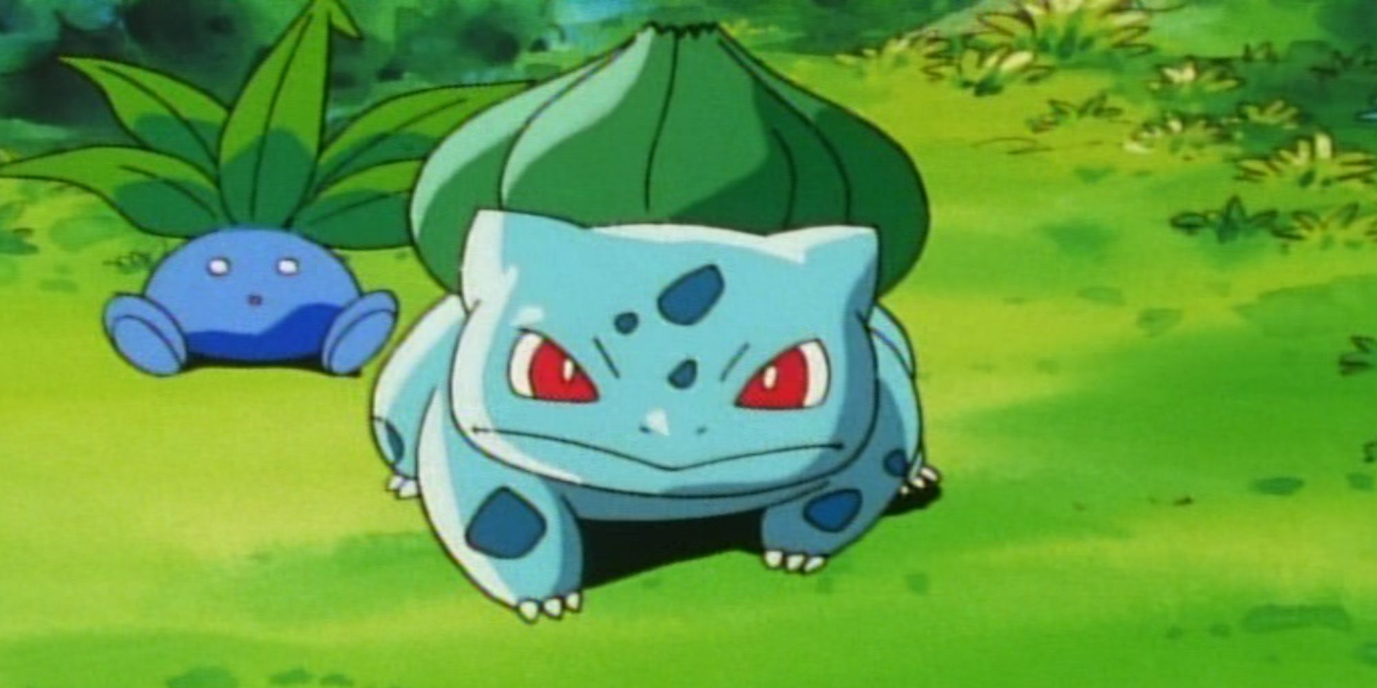 Bulbasaur defends Oddish in a forest