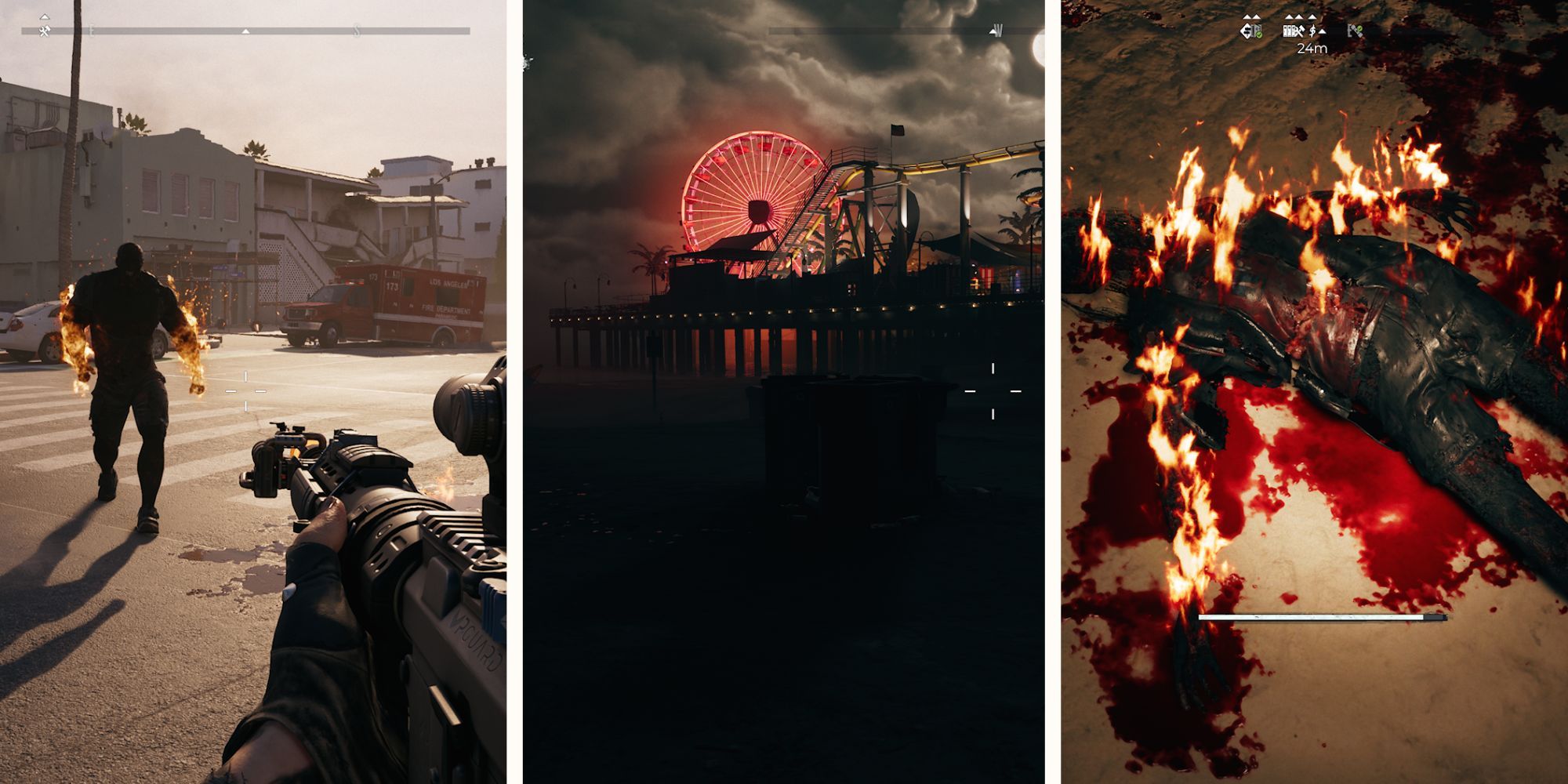 A collage showing a zombie with its arms on fire, an amusement park at night, and a burning corpse.