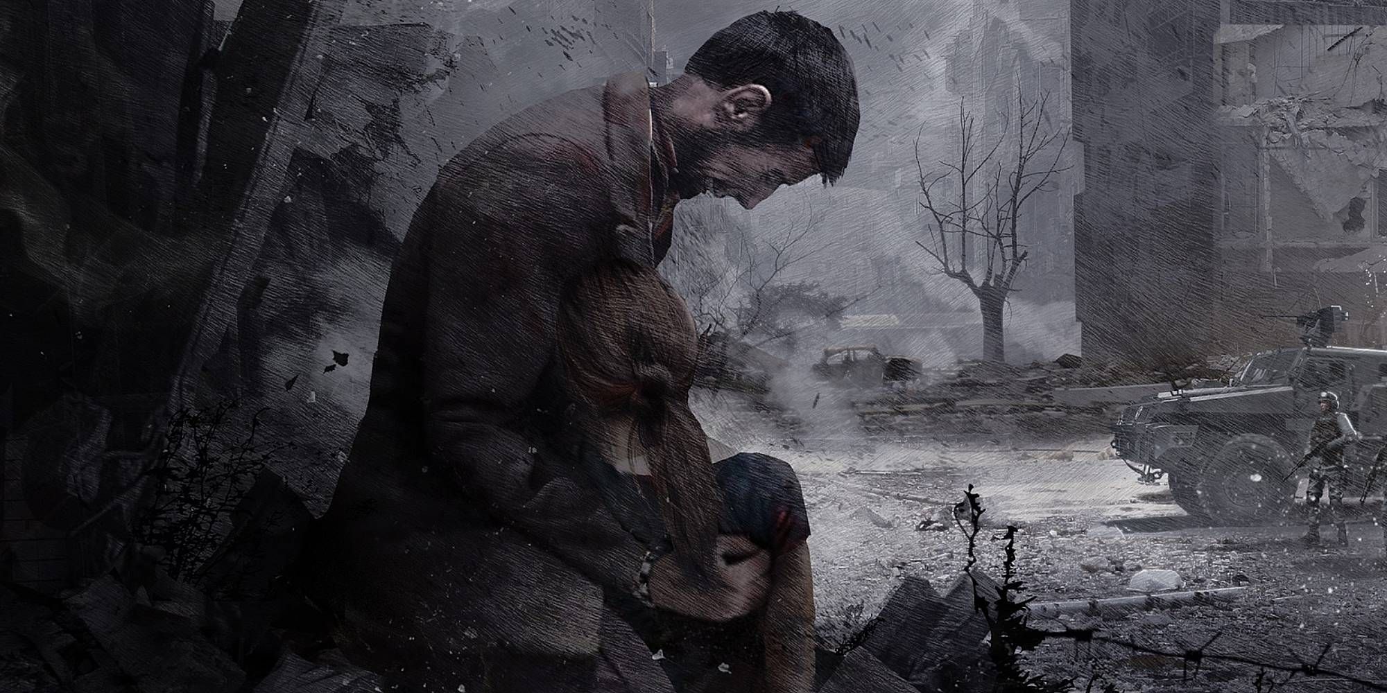Bleak art of a man crying as he clutches a woman in a bombed city in This War Of Mine.