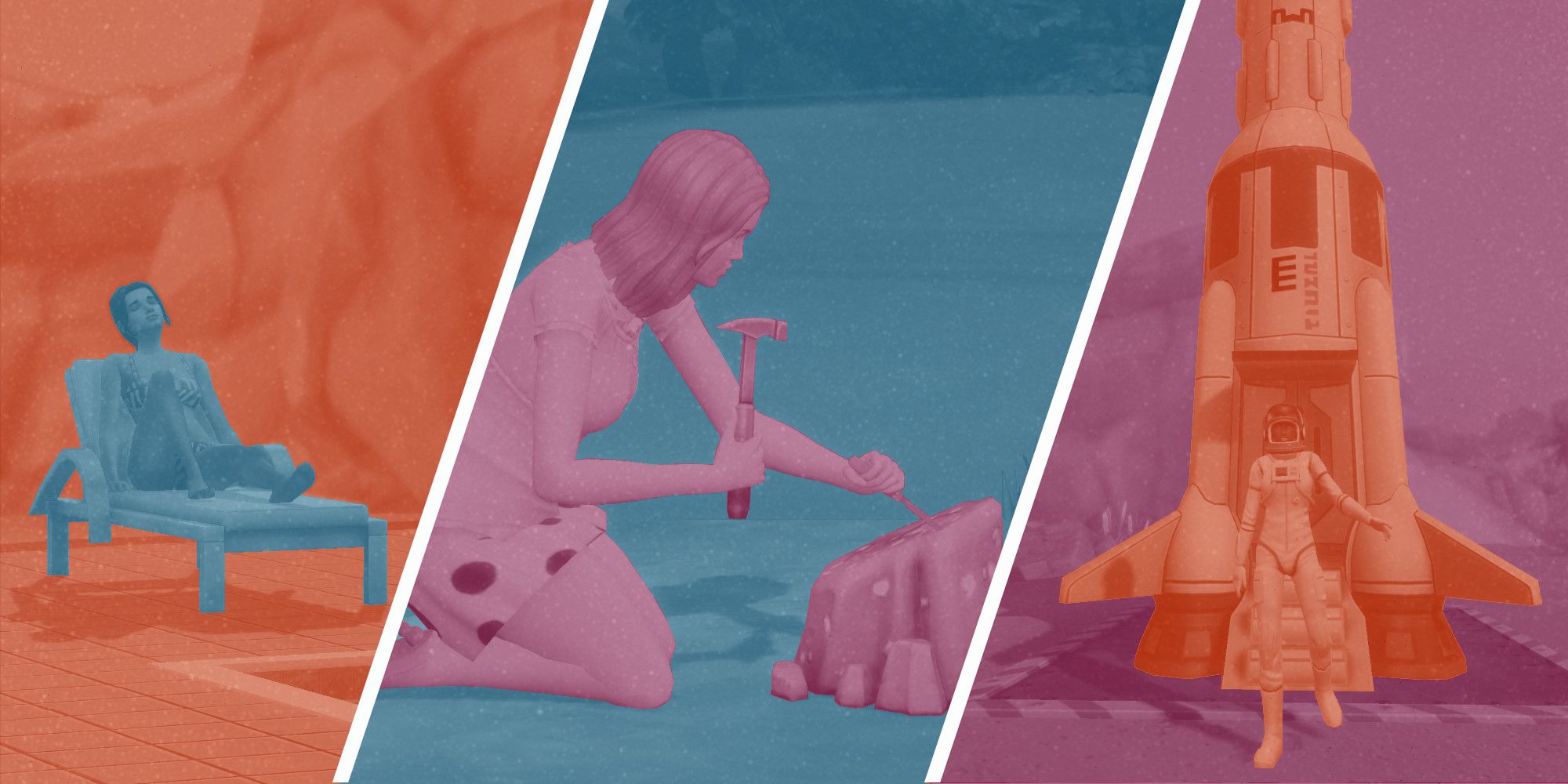 Three colorfully edited screenshots from The Sims 4. A Sim sunbathing, a Sim digging into a rock, and a Sim exiting a rocket ship