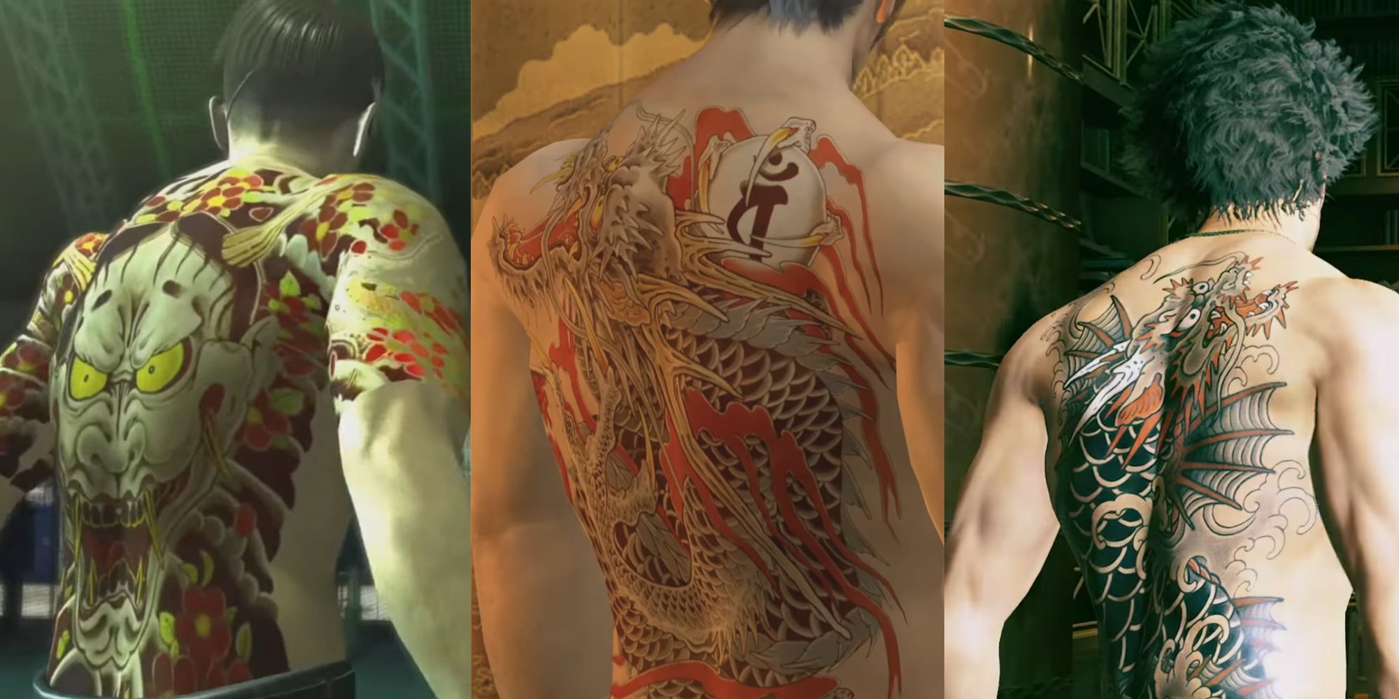 The Most Iconic Tattoos In The Yakuza Series featuring Majima's tattoo, Kiryu's tattoo, and Ichiban's tattoo
