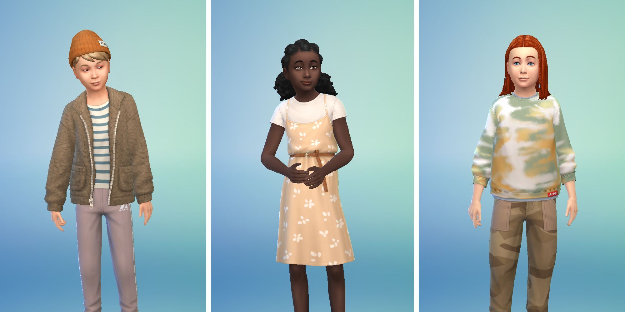 Three images of child Sims in Sims 4 Create A Sim. One in an orange hat and fuzzy brown coat, one in a yellow dress, and a third in a tie dye shirt