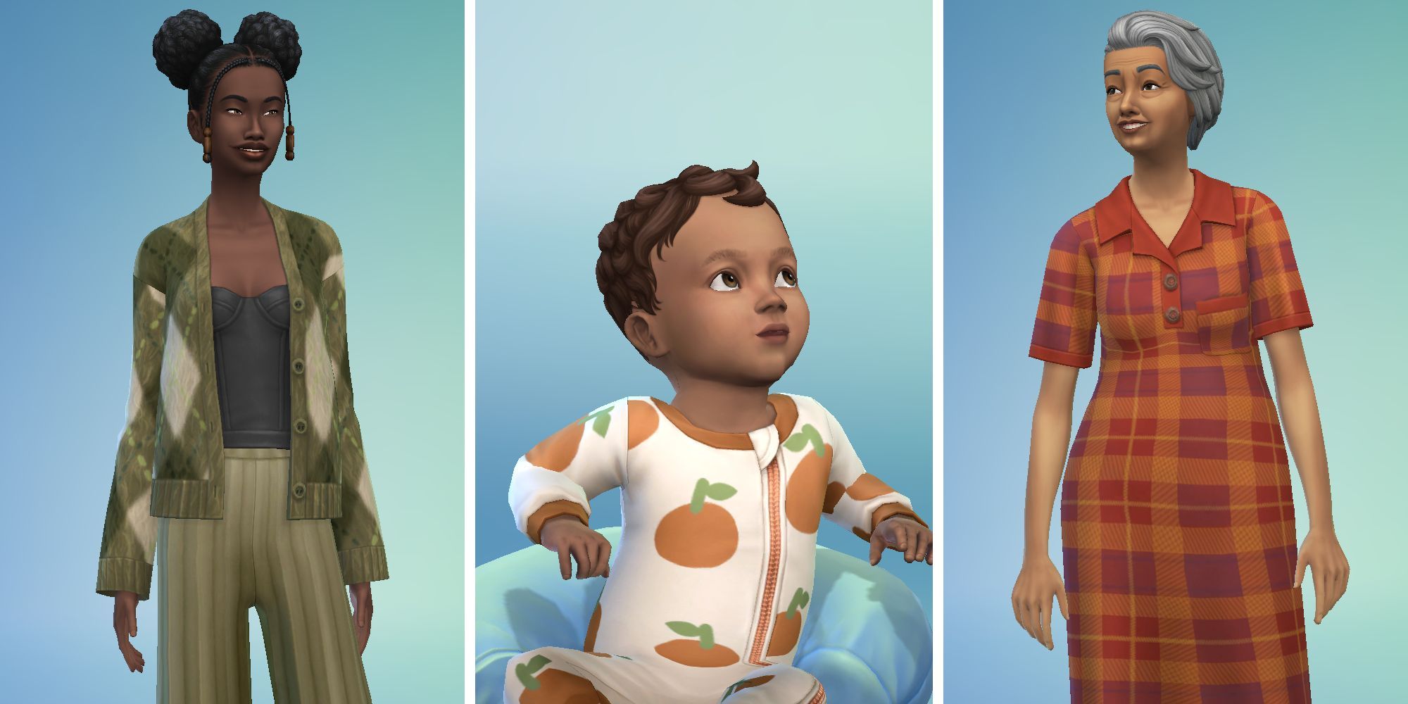 Three images of Sims from Sims 4 in Create A Sim. A Sim in a green sweater and pants, an infant in a fruit print onesie, and an elder in a plaid dress