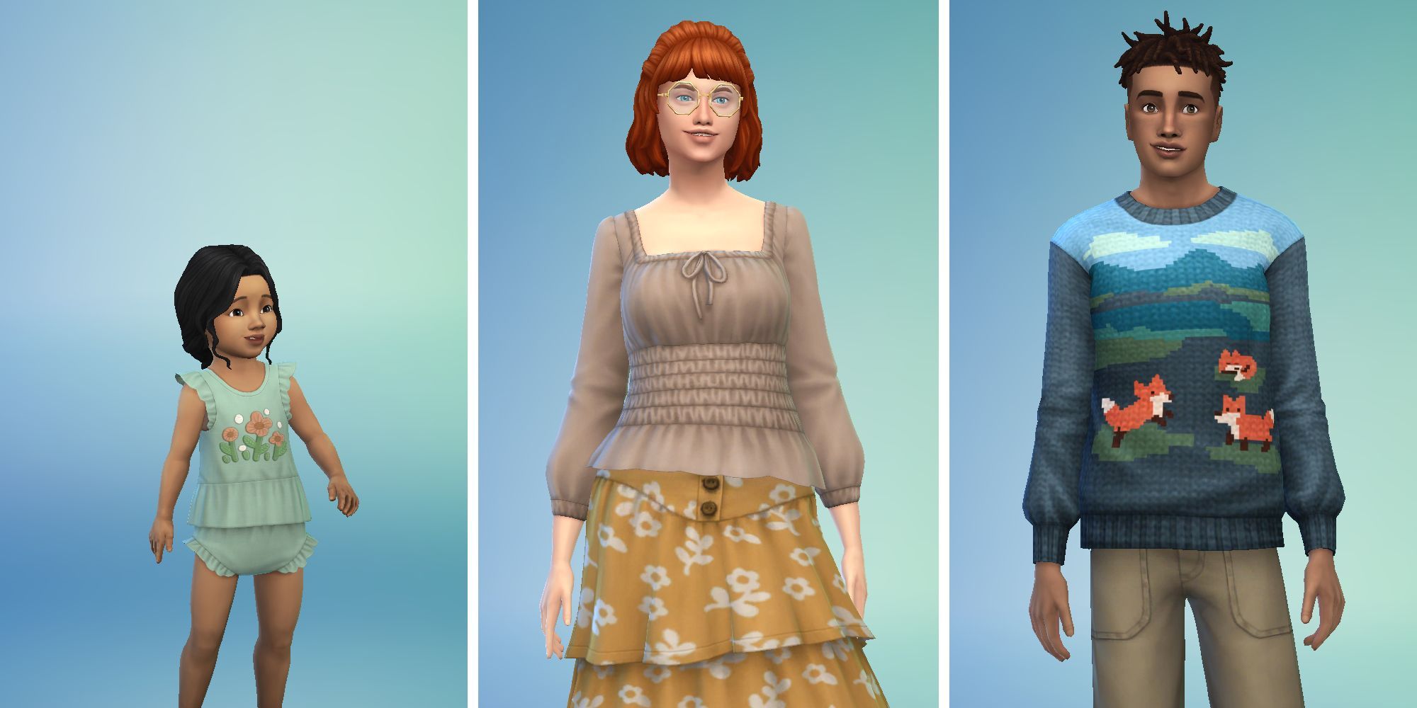 Three images of Sims from Sims 4 in Create A Sim. A toddler in a green onesie, an adult Sim in a tan shirt and yellow skirt, and a third in sweater with foxes on it