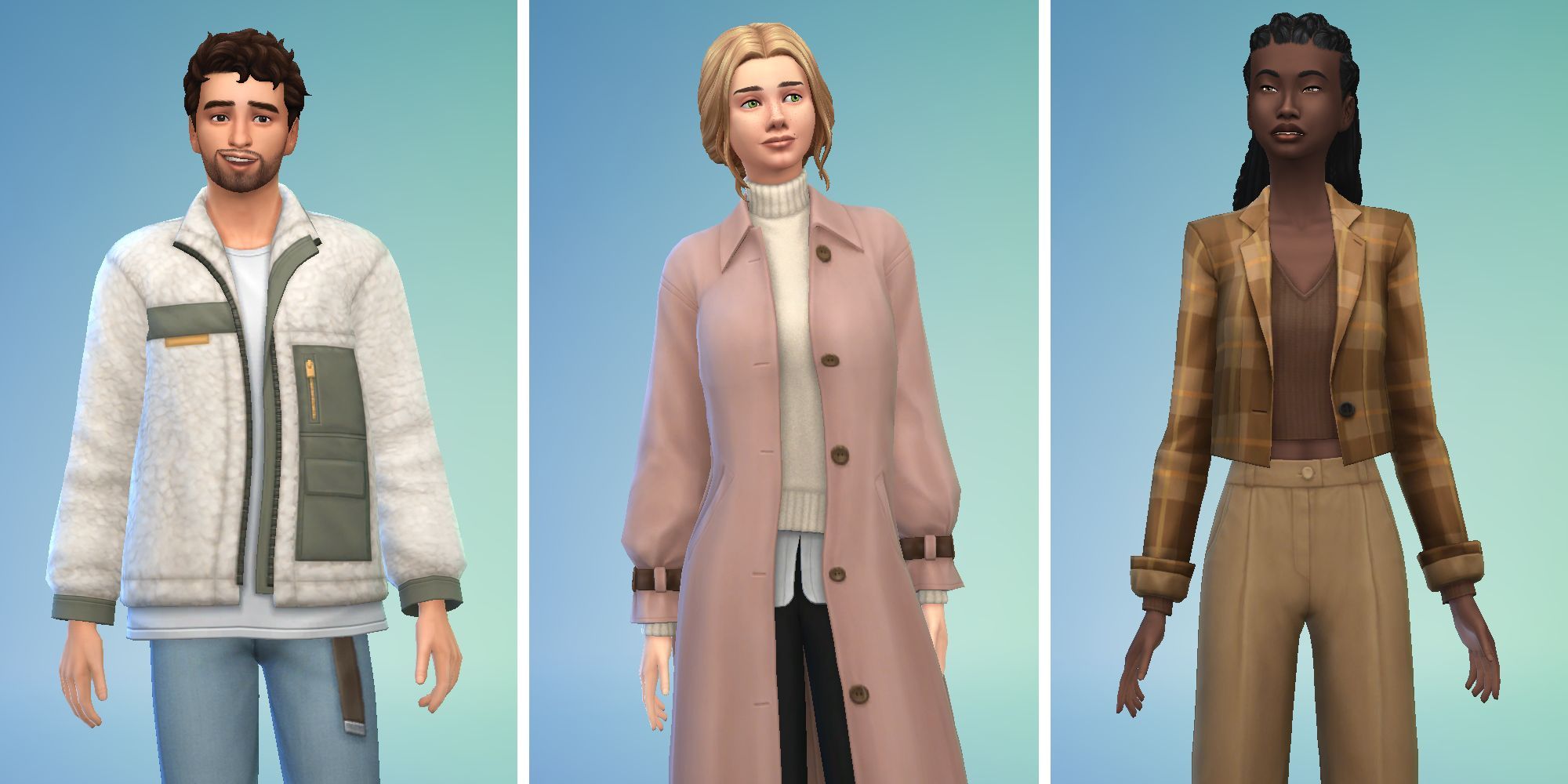 Three images of Sims from Sims 4 in Create A Sim. One in white coat, another in a pink coat, and a third in a brown plaid blazer