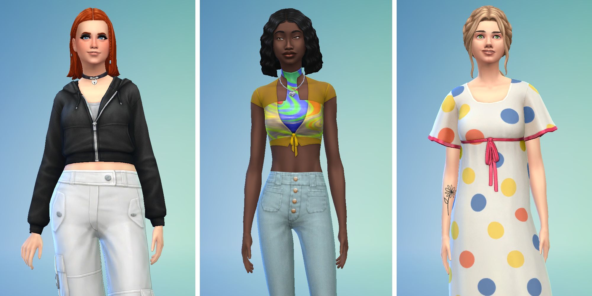 Three images of Sims in Create A Sim. One in a black hoodie and white pants, another in a tie dye top and jeans, and a Sim in a polka dot dress