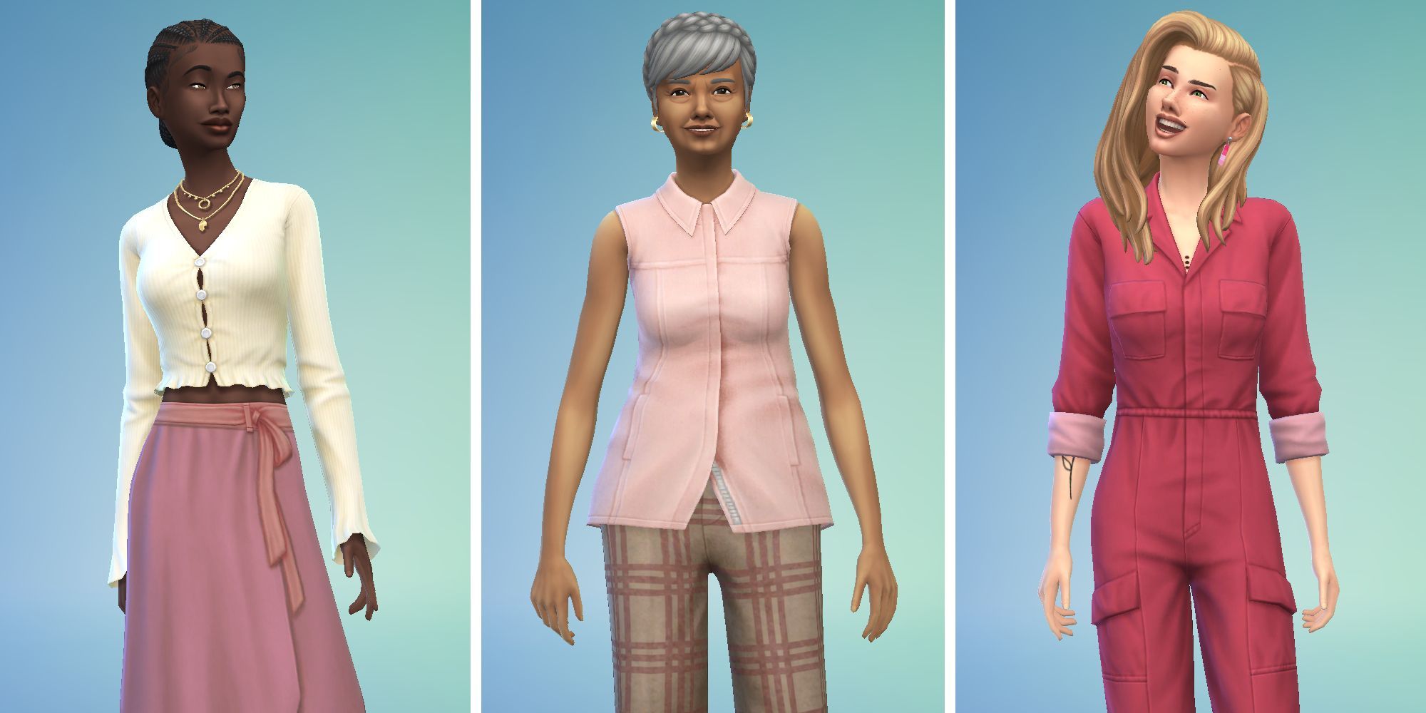 Three images of Sims in Create A Sim. One in a white top and pink skirt, an elder with a pink top and plaid pants, and a Sim in hot pink coveralls