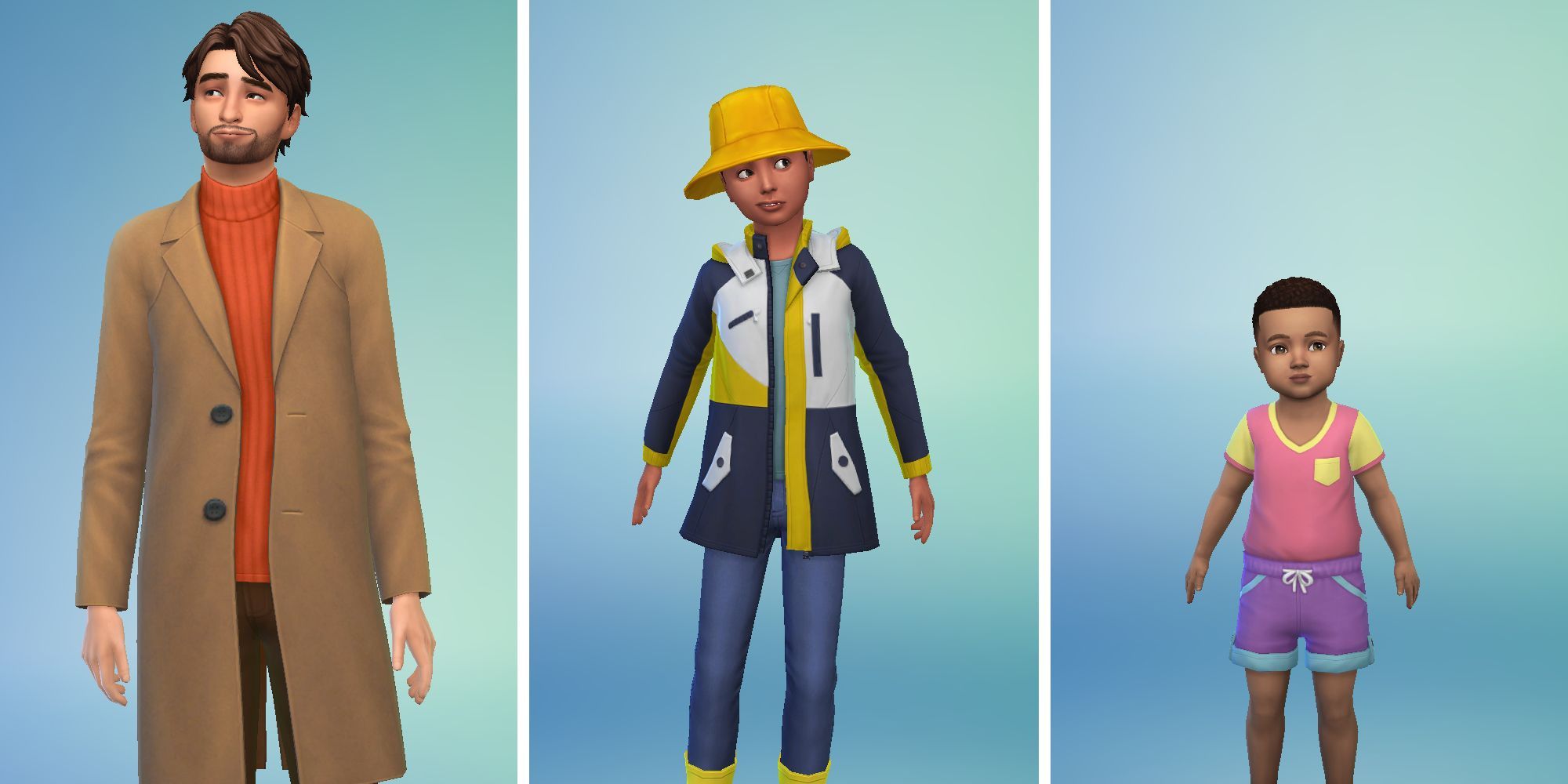 Three images of Sims in Sims 4 Create A Sim. A Sim in a tan trench coat, an child in a rain jacket and hat, and a toddler in a pink swim outfit