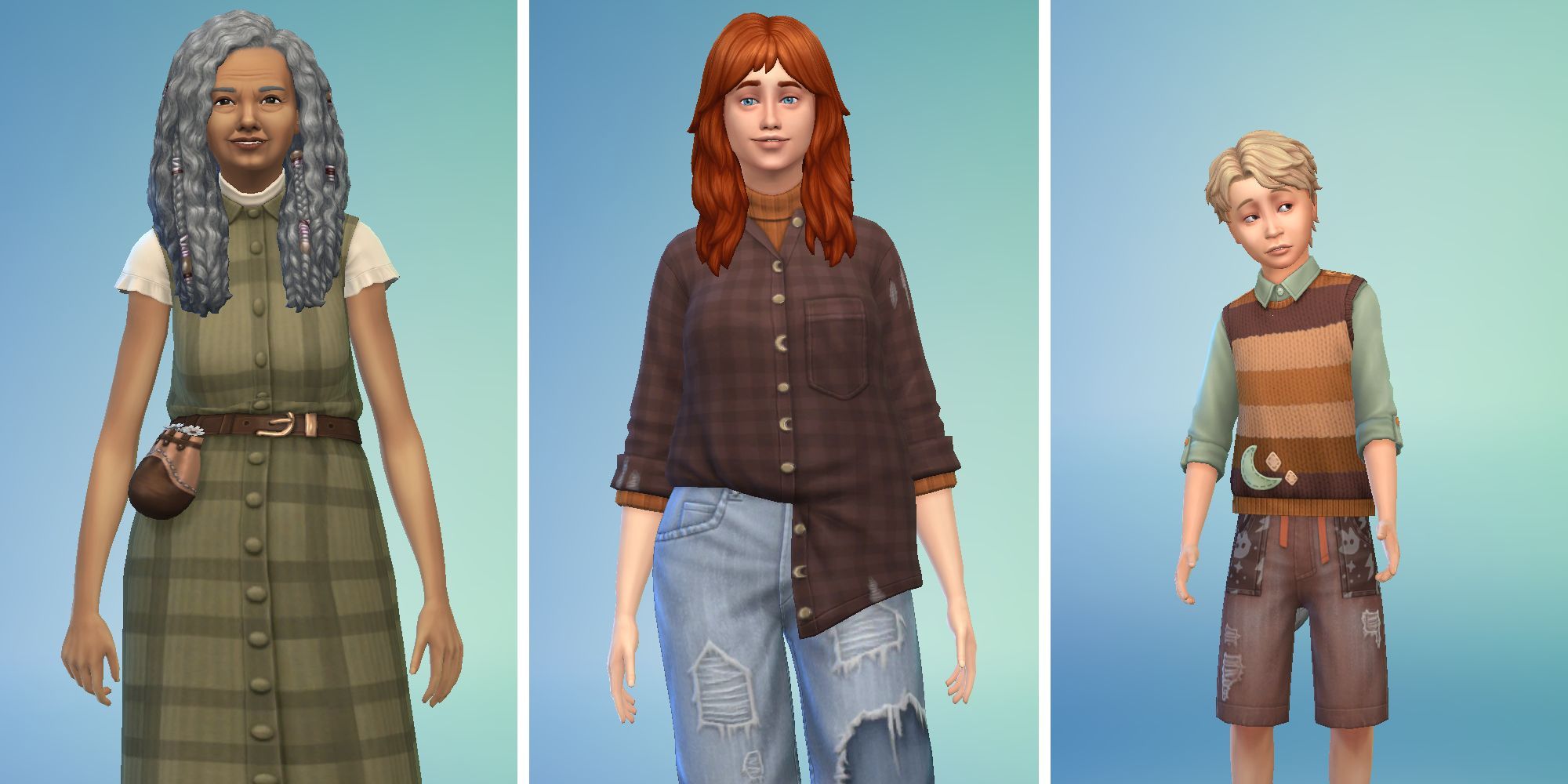 Three images of Sims in Sims 4 Create A Sim. An elder in a green dress, a Sim in a brown plaid shirt, and a child in a sweatervest