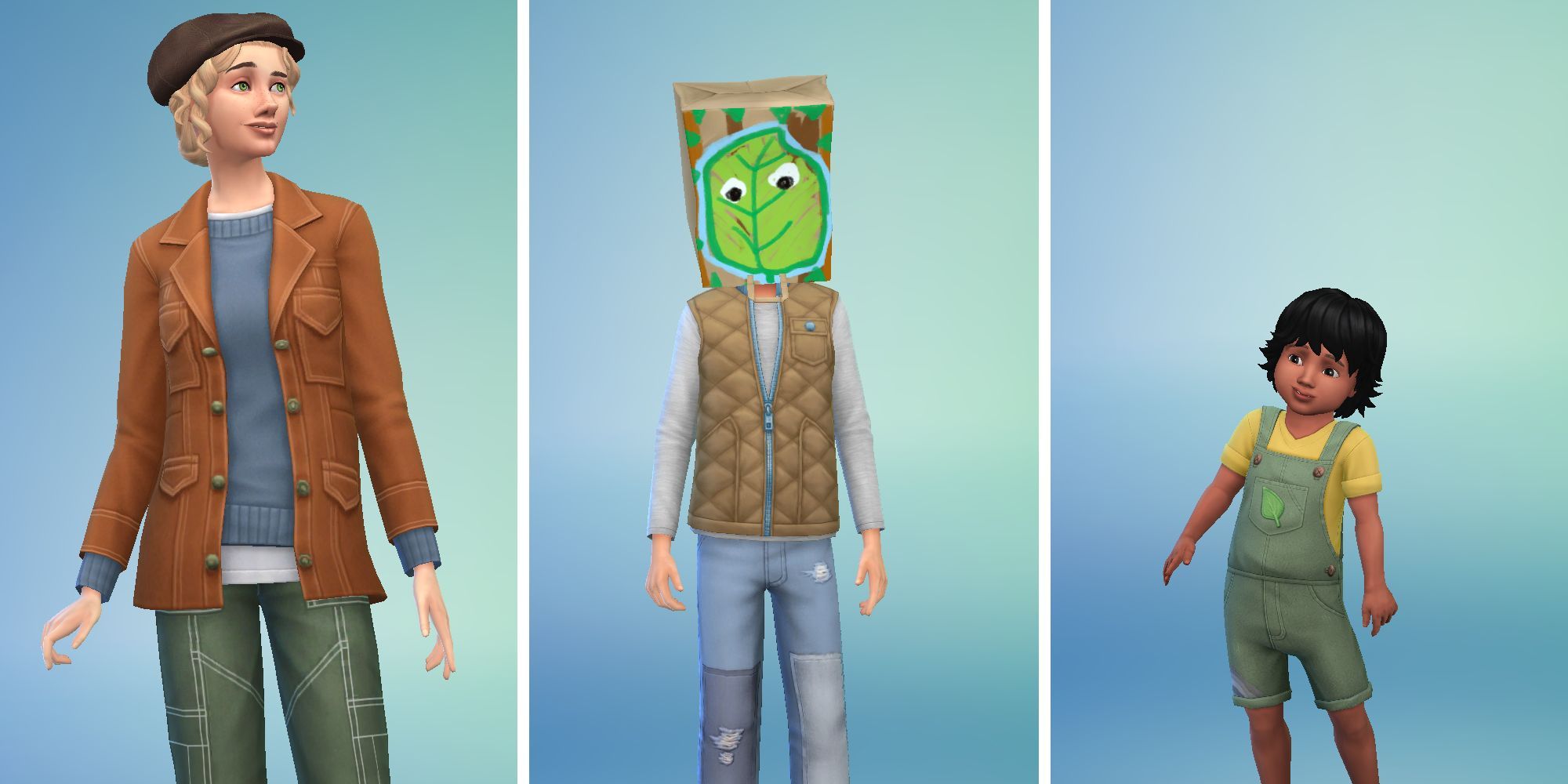 Three images of Sims in Sims 4 Create A Sim. One in a tan jacket, a child with a bag on their head, and a toddler in green overalls