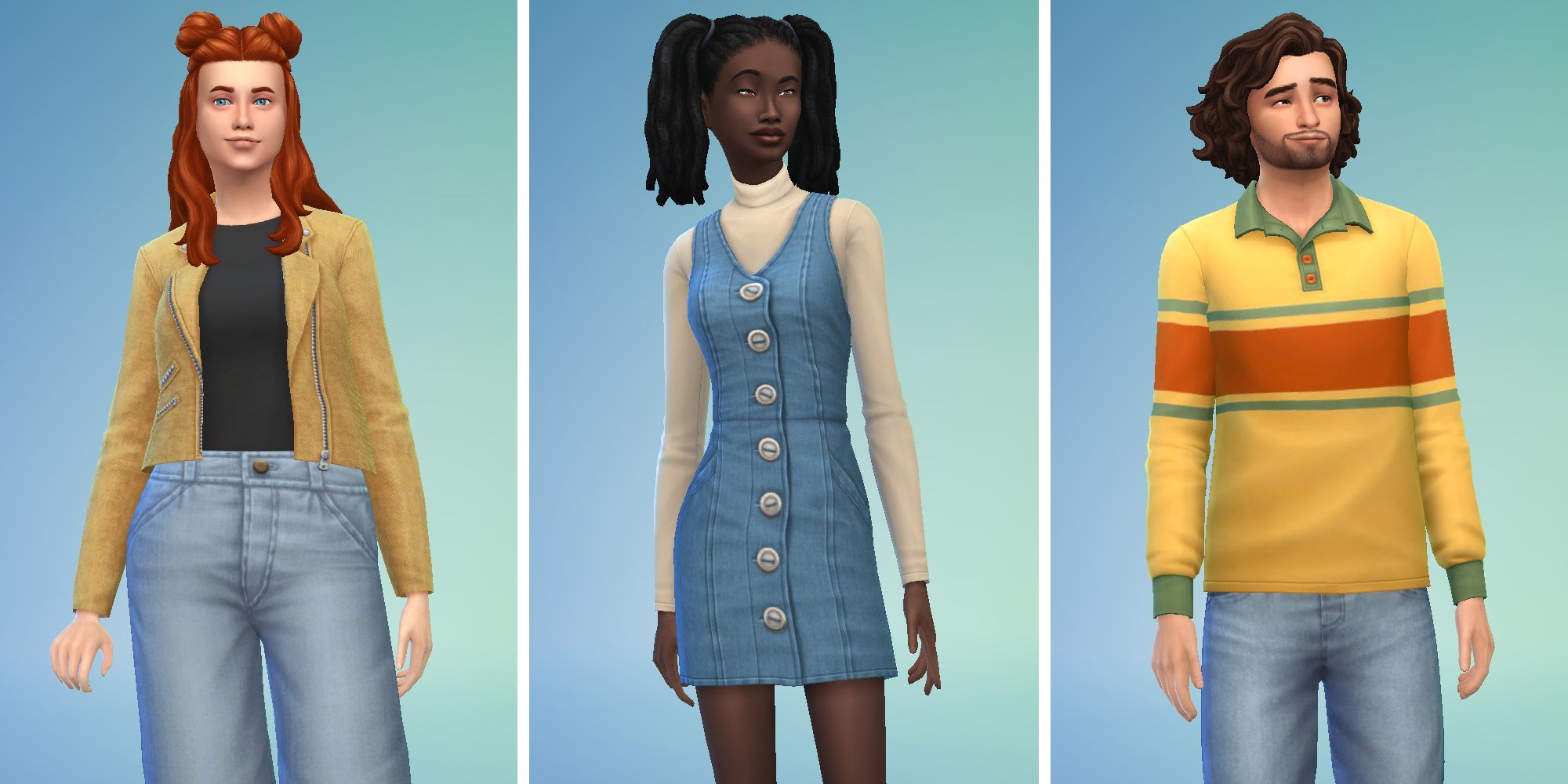 Three images of Sims in Sims 4 Create A Sim. One in a tan jacket, one in denim dress, and a third in a yellow polo shirt