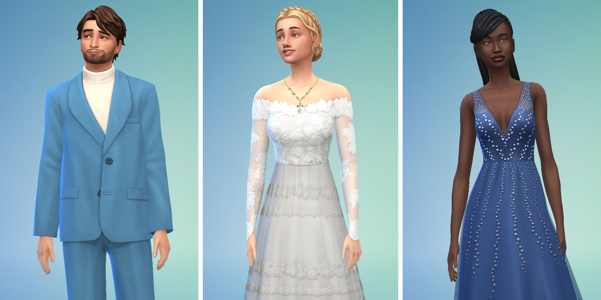 Three images of Sims in Sims 4 Create A Sim. One is a blue suit, one is a wedding dress, and a third in a blue dress