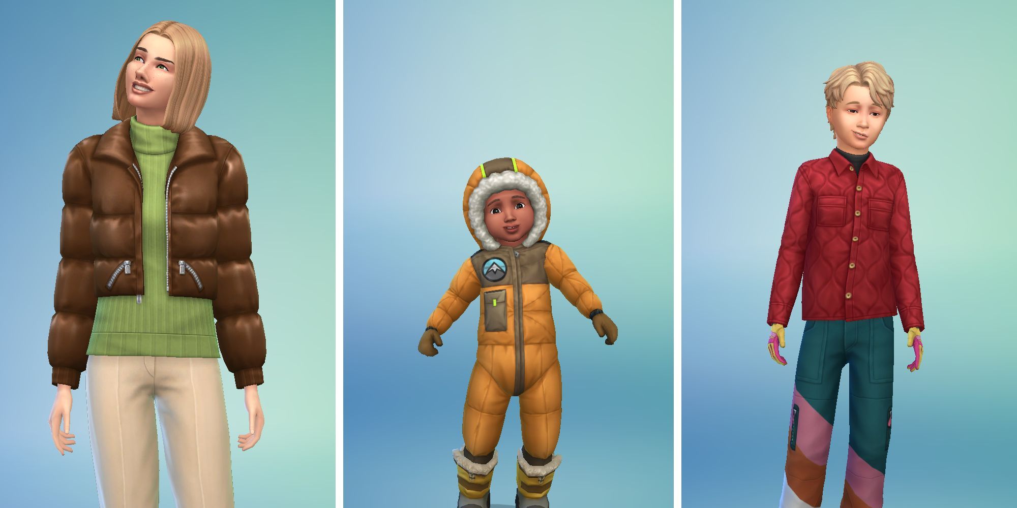Three images of Sims in Sims 4 Create A Sim. One is a brown puffer jacket, a toddler wearing an orange snow suit, and a child in a red jacket