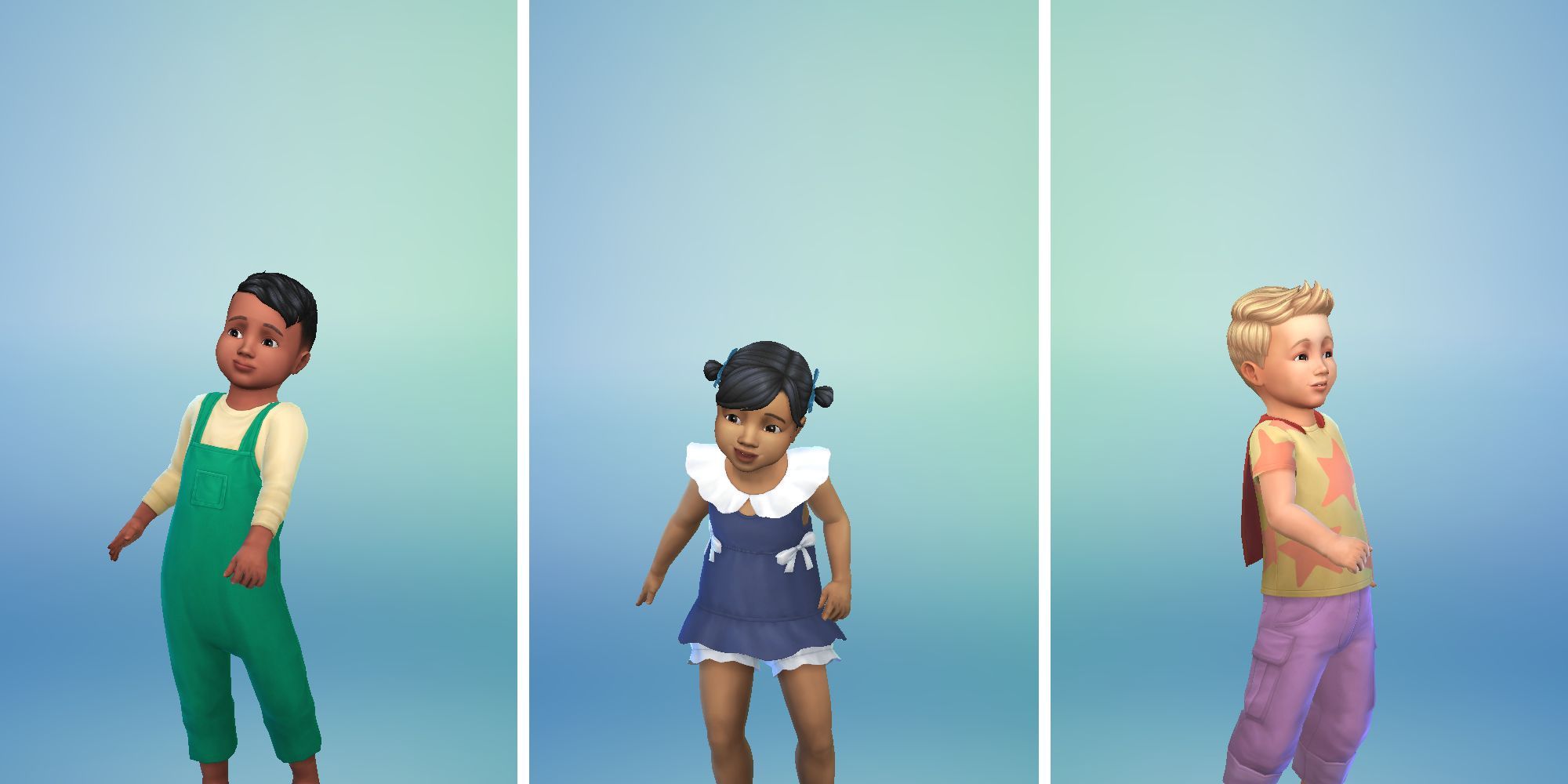 Three images of toddler Sims in Create A Sim. One in green overalls, another in a blue dress, and a third in a star print shirt and a cape
