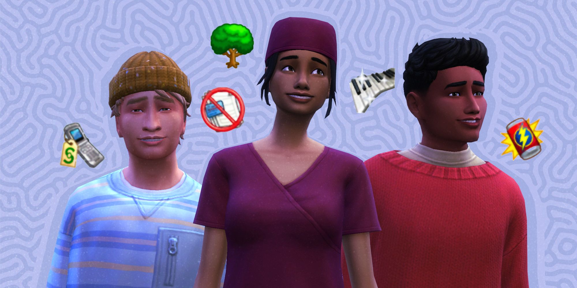 Three Sims from Sims 4 stand in front of a blue pattern. Five different icons from reward traits float around them