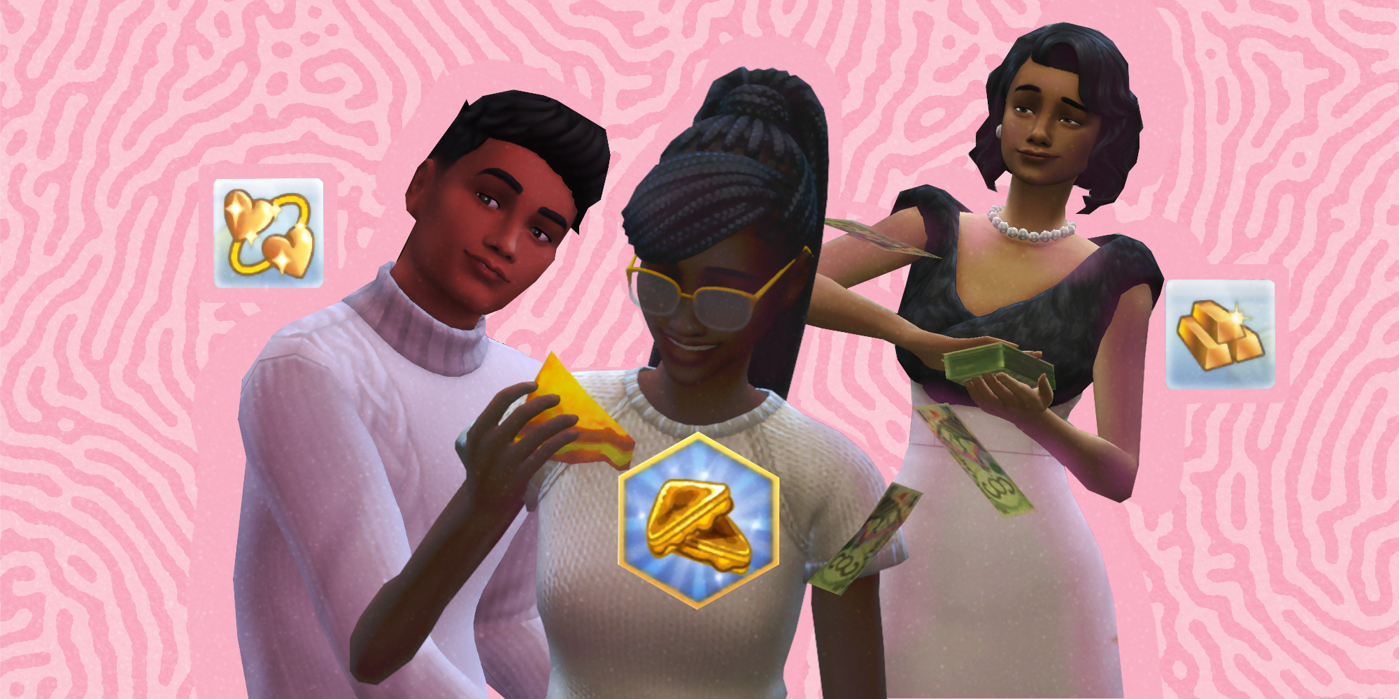 Three Sims from The Sims 4 in front of a pink background. One looks to the left, one eats grilled cheese, and a third is throwing Simoleons. Aspiration icons float around them