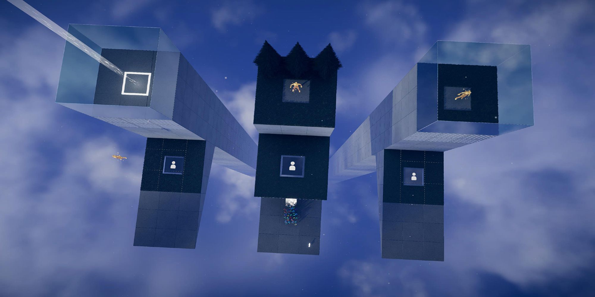 The Three Towers trial of Humanity tasks the player with guiding humans across three people switches separated among three towers.