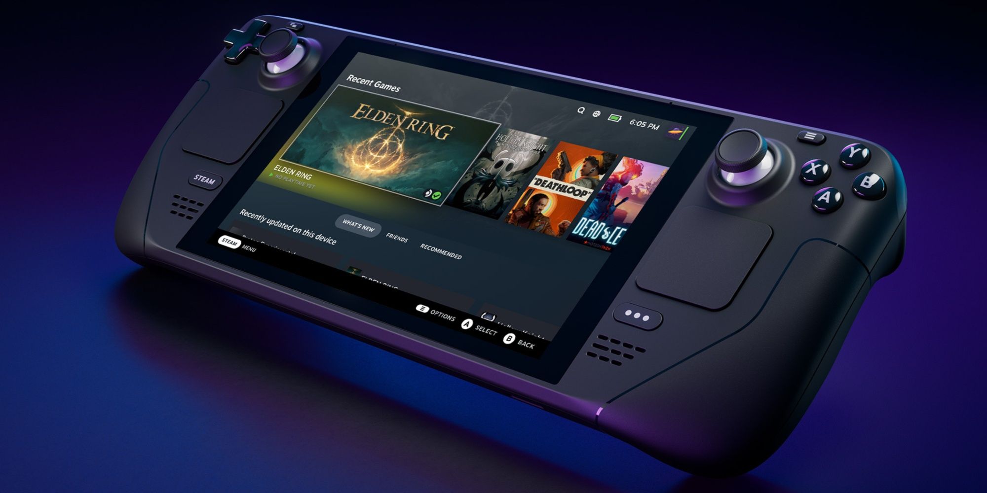 Tilted angle of Steam Deck console on its home screen