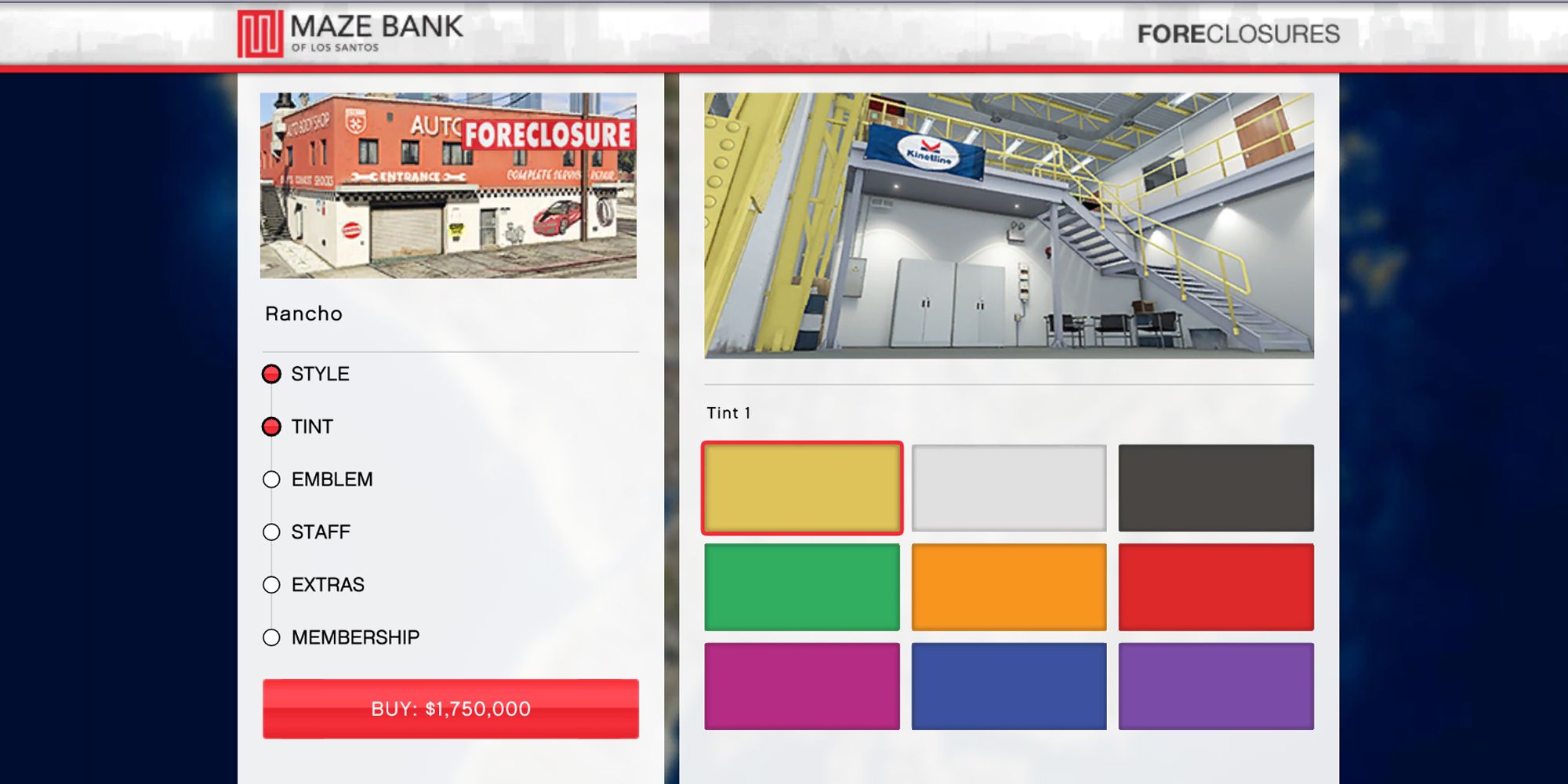 Image depicts the Tint Upgrade Menu on Maze Bank Foreclosures in Grand Theft Auto Online. On the left is a list of all of the upgrades available, and on the right are small rectangles showing a preview of the different colour tints available for the Auto Shop.