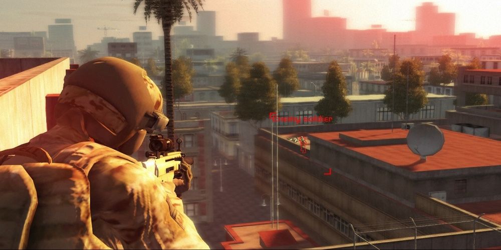 Solider aiming at an emeny in Tom Clancys Ghost Recon Advanced Warfighter