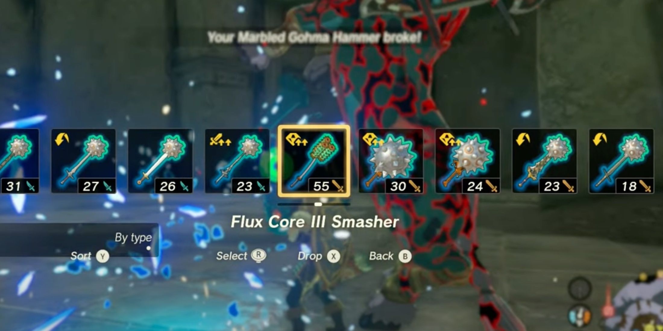 The Flux 3 Core Smasher in the weapon selection list in The Legend Of Zelda: Tears Of The Kingdom.