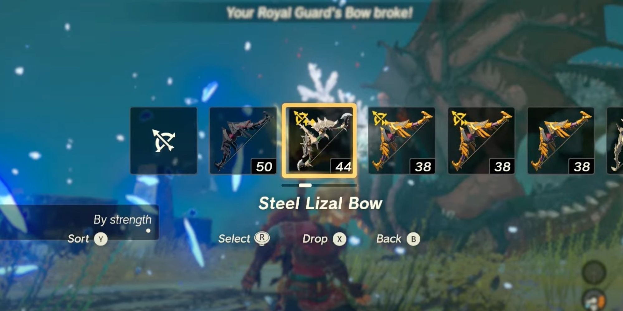 The Steel Lizal Bow in the weapon selection list in The Legend Of Zelda: Tears Of The Kingdom.
