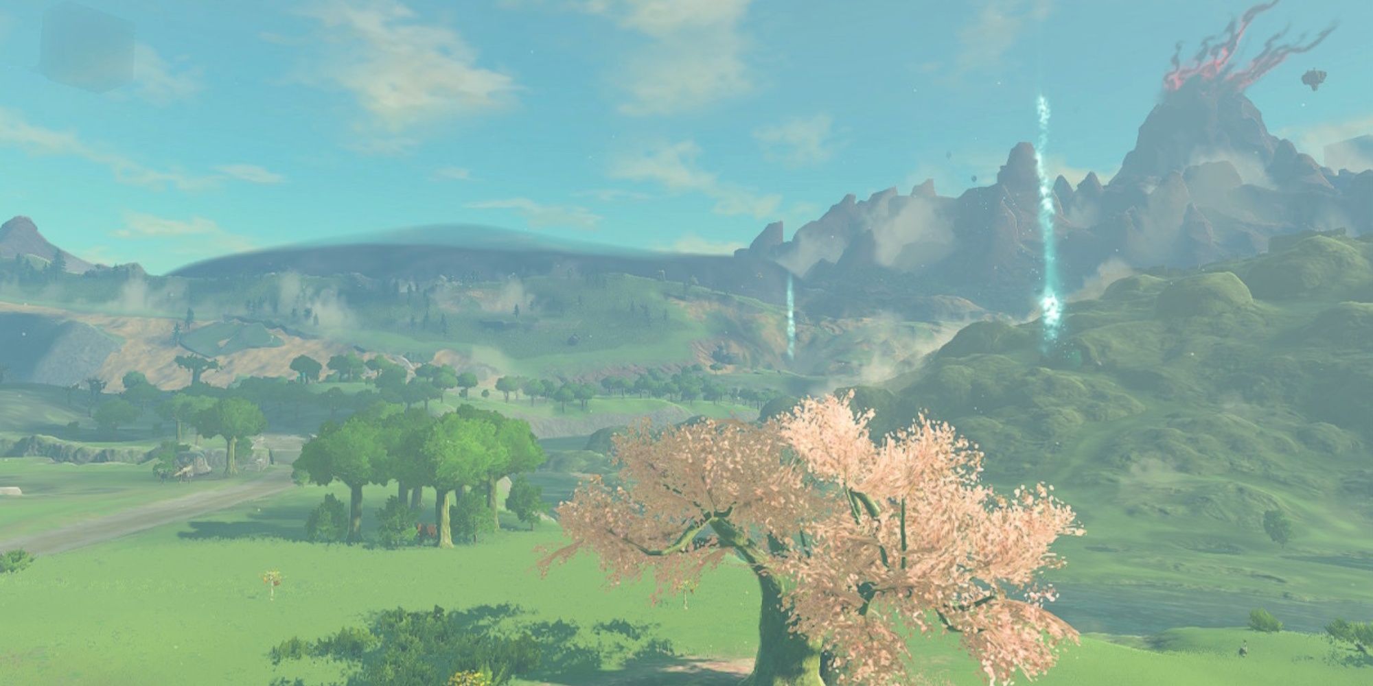 The wide open fields of Hyrule with trees and mountains in the distance.