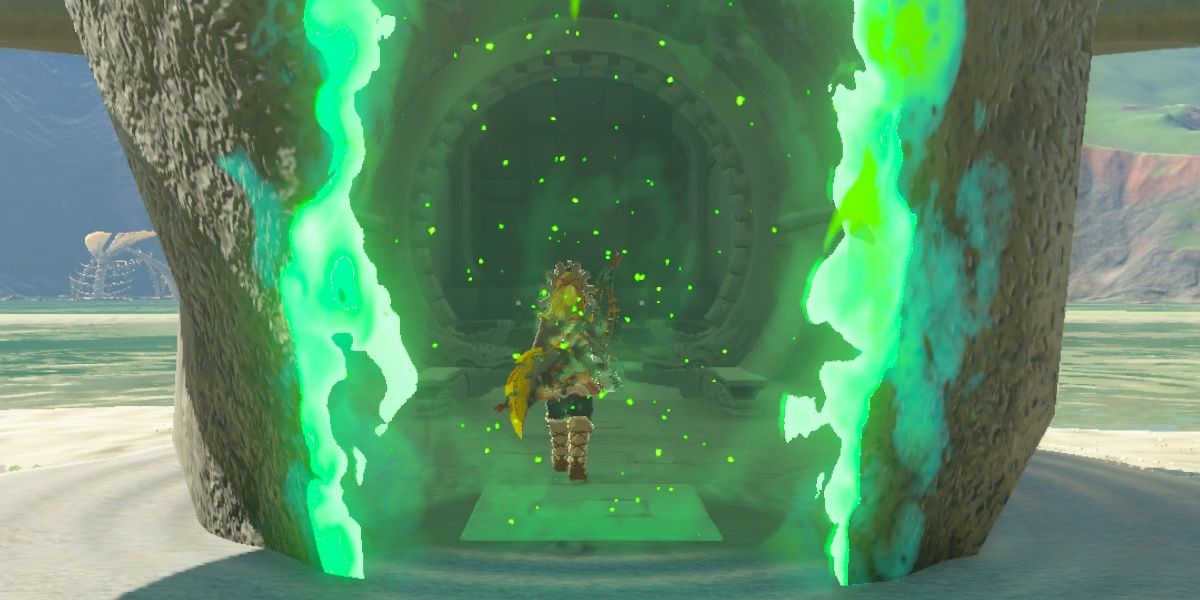 Link entering the Gemimik Shrine portal in The Legend of Zelda: Tears of the Kingdom.