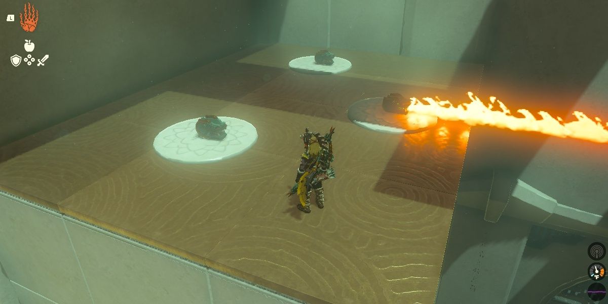 Link standing on a platform with flame emitters in Gemimik Shrine in The Legend of Zelda: Tears of the Kingdom.