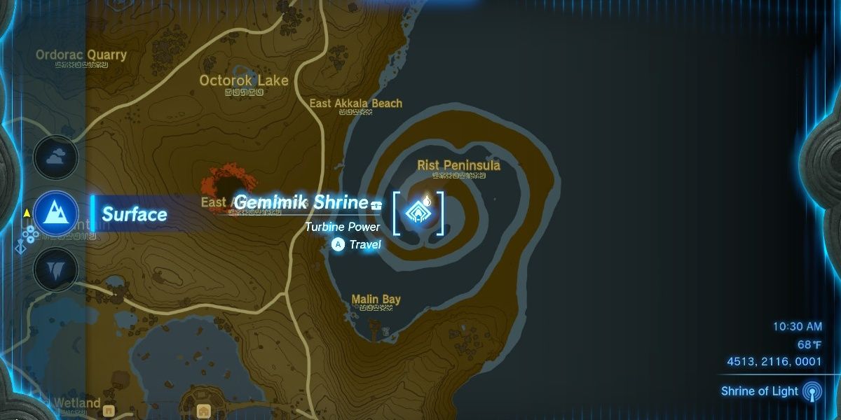 The Gemimik Shrine on the map in The Legend of Zelda: Tears of the Kingdom.