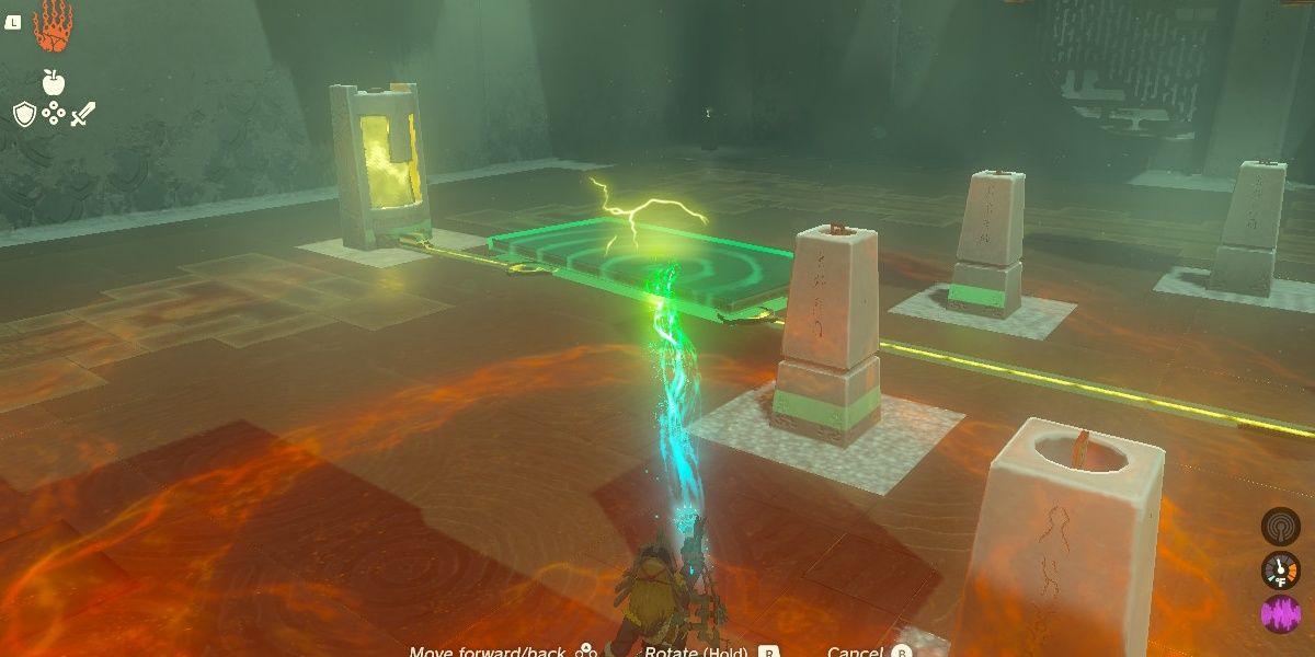 Link puts a plate on the conductor wires in Gemimik Shrine in The Legend of Zelda: Tears of the Kingdom.