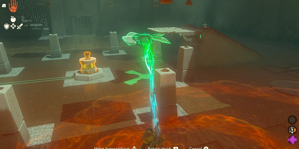Link uses Ultrahand on the Gemimik Shrine Turbine in The Legend of Zelda: Tears of the Kingdom.