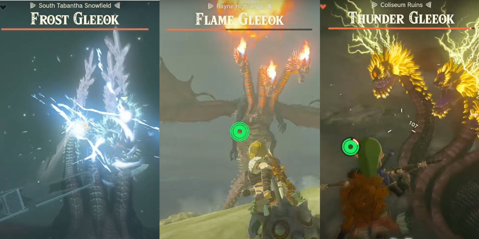 The Frost Gleeok breathes ice on the left. The Fire Gleeok flies high up in the center. The Thunder Gleeok rears up as Link approaches in The Legend Of Zelda: Tears Of The Kingdom.