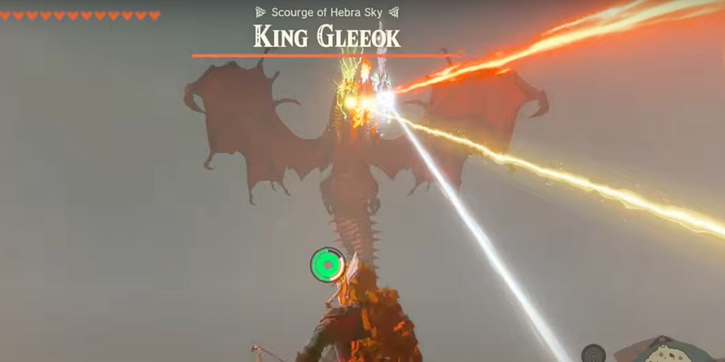 King Gleeok flies high above Link breathing fire, lightning, and frost breath at once in The Legend Of Zelda: Tears Of The Kingdom.