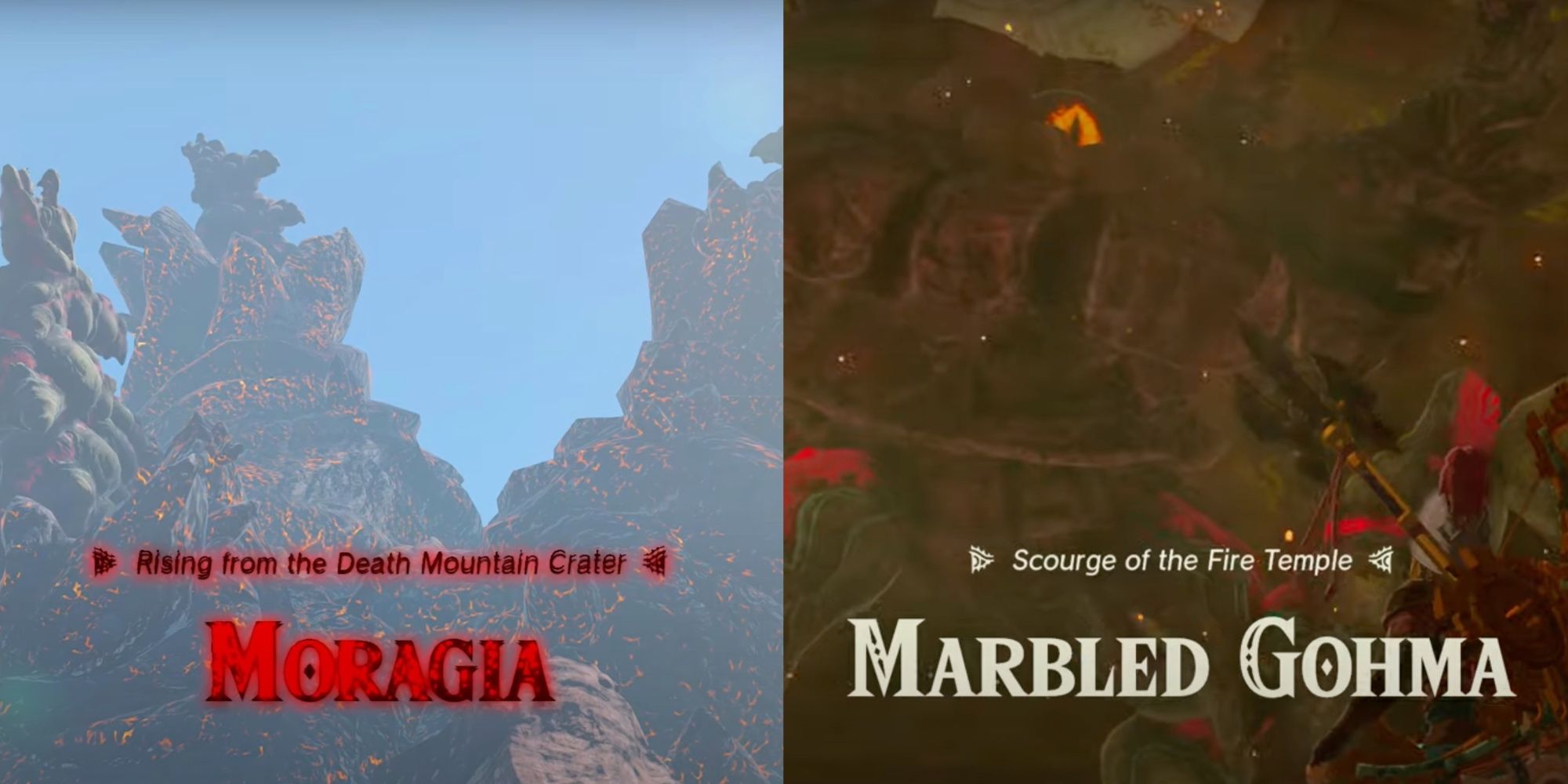 Moragia emerging from Death Mountain on the left and Gohma roaring at Link on the right in The Legend Of Zelda: Tears Of The Kingdom.
