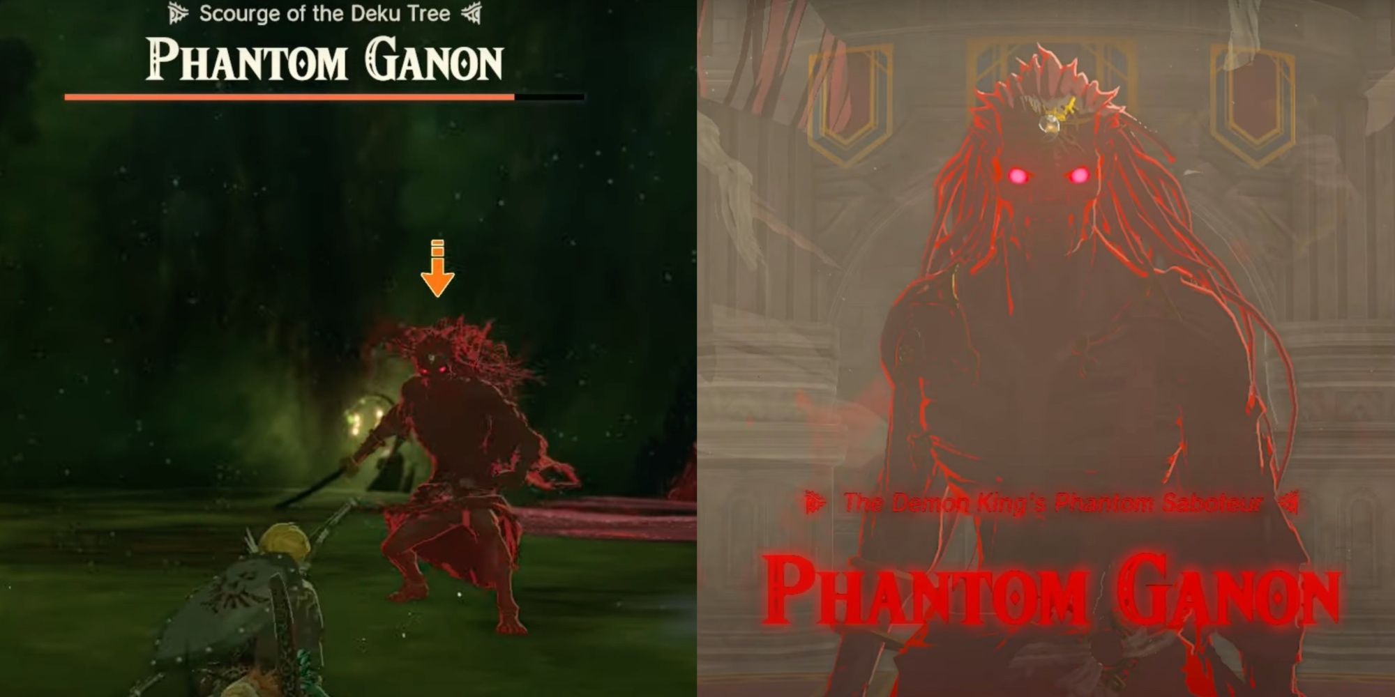 Phantom Ganon swings his sword on the left. Phantom Ganon appears with red eyes before Link in The Legend Of Zelda: Tears Of The Kingdom.